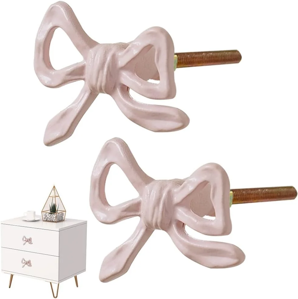 دو عدد دستگیره فلزی کابینت طرح پاپیون صورتی، دستگیره های پاپیونی خلاقانه و زیبا برای کابینت ها، کمدها، میز آرایش، دکوراسیون شیک منزل