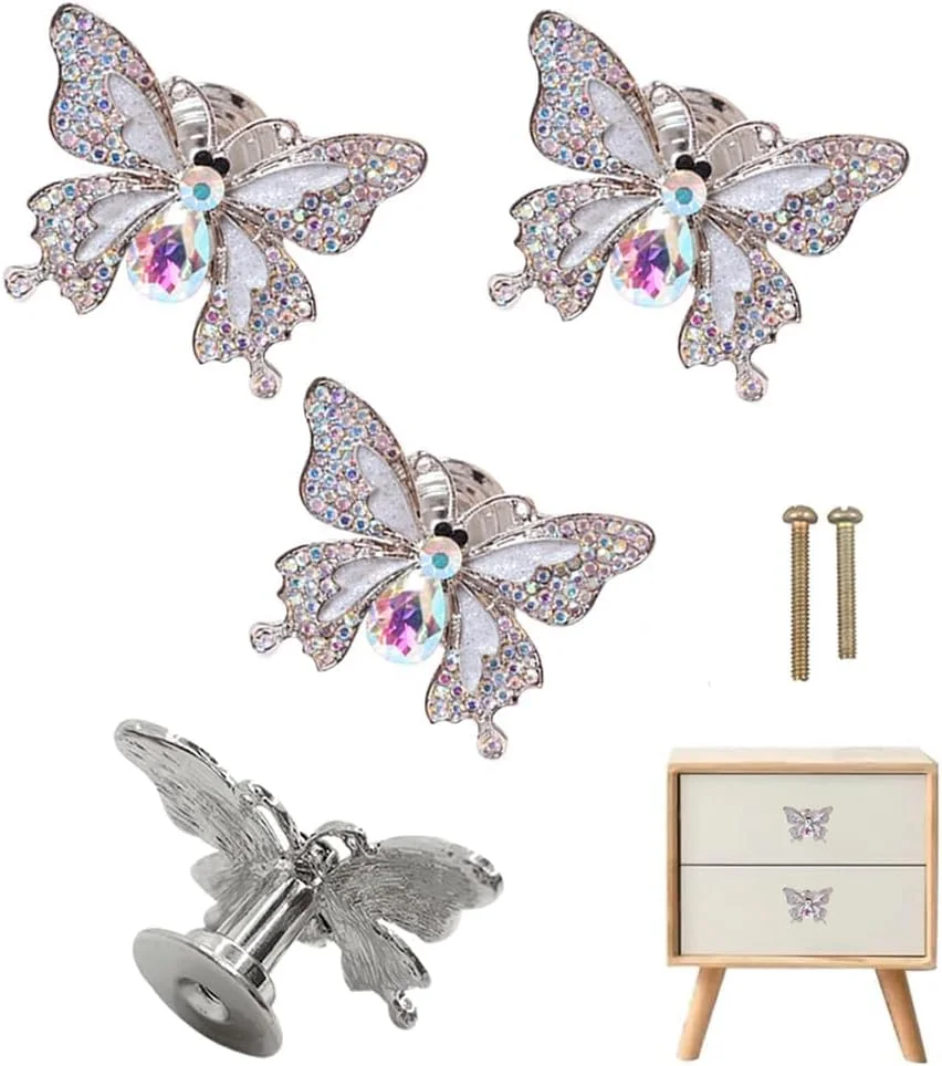 دستگیره های پروانه ای نگین دار KASTWAVE، دستگیره کابینت، 4 عدد دستگیره تزئینی مبلمان، دستگیره درب، دستگیره های تک سوراخ برای کشو کابینت، اتاق نشیمن، اتاق خواب، کمد (نقره ای)