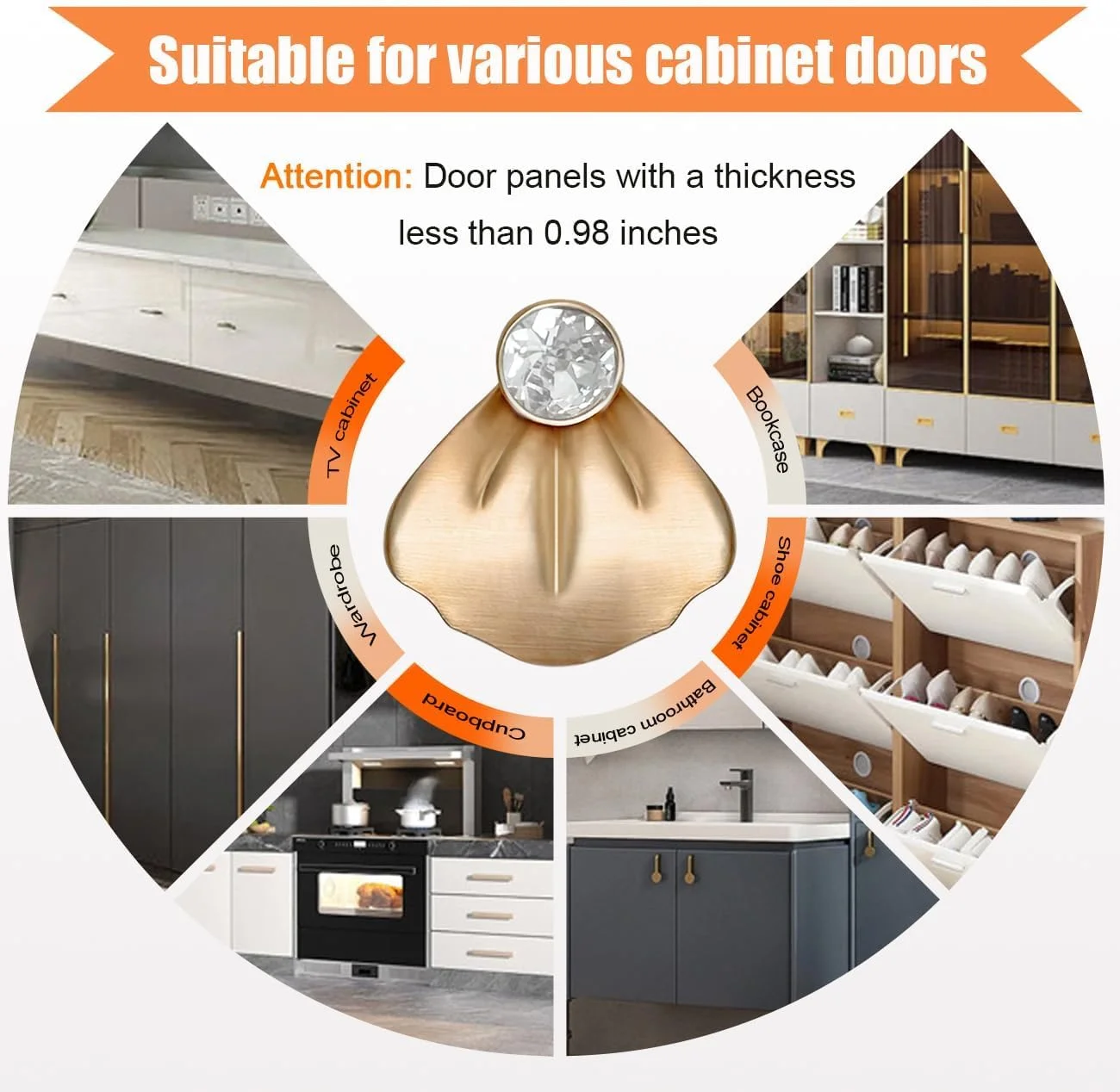 دستگیره های کابینت طرح برگ، 6 عدد دستگیره فلزی طلایی طرح بادبزنی برای درب های مبلمان، کمد لباس و میز آرایش، دستگیره های تک سوراخ مدرن دکوراسیون منزل با نصب آسان دستگیره های کابینت طرح برگ، 6 عدد دستگیره فلزی طلایی طرح بادبزنی برای درب های مبلمان، کمد لباس و میز آرایش، دستگیره های تک سوراخ مدرن دکوراسیون منزل با نصب آسان