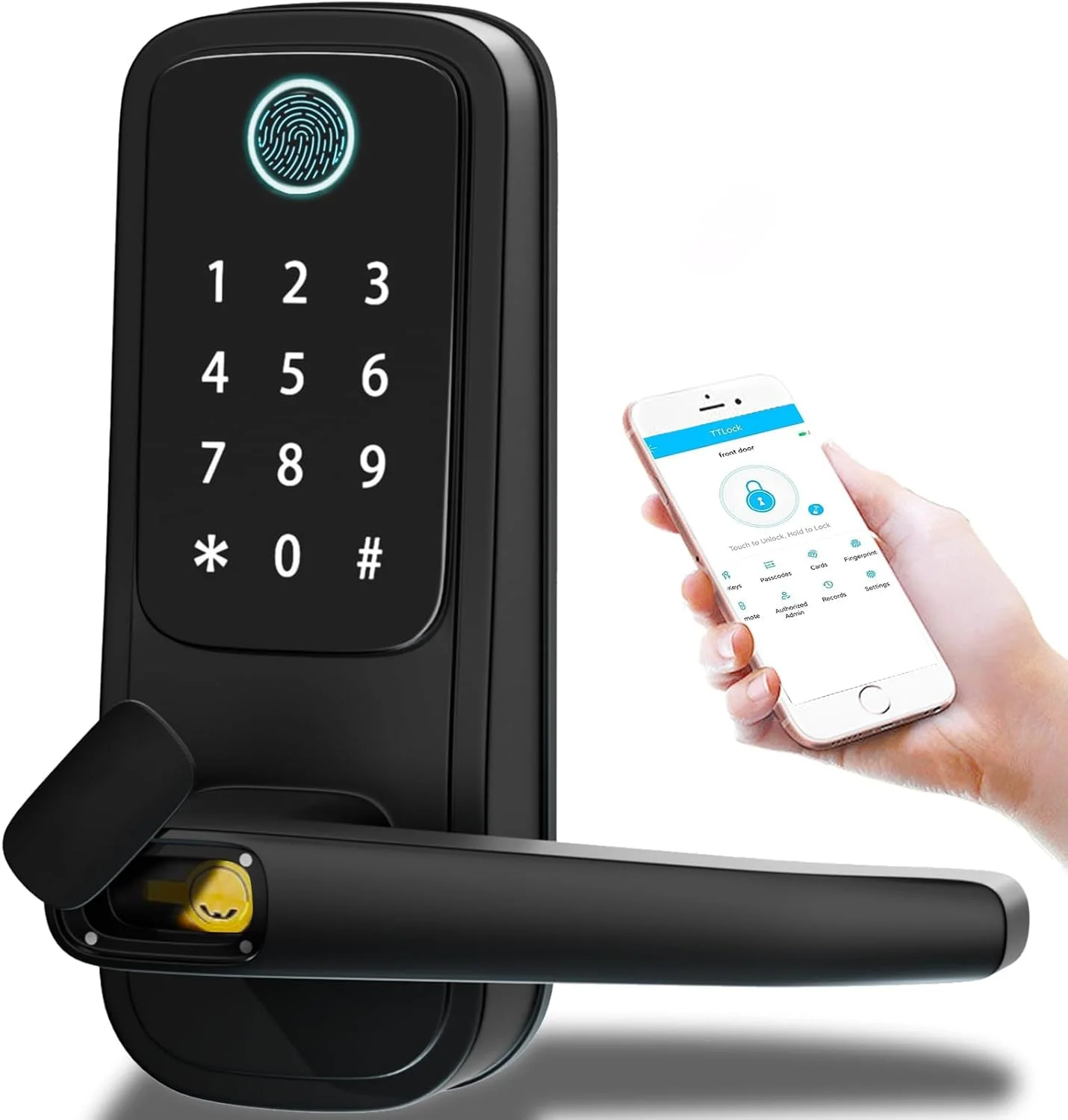 قفل درب هوشمند، قفل درب بدون کلید 5 در 1 با دستگیره، قفل درب صفحه کلید پشتیبانی از WiFi و کنترل برنامه، قفل درب اثر انگشت بیومتریک قفل درب الکترونیکی دیجیتال برای درب ورودی هتل دفتر خانه