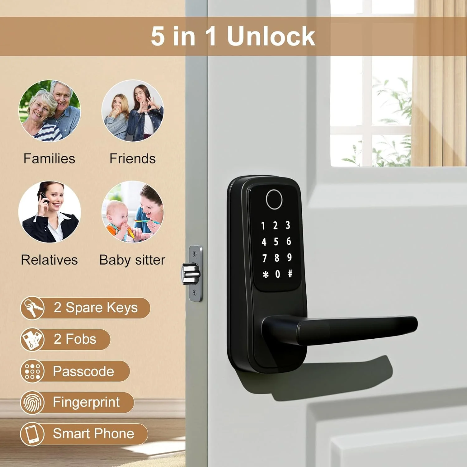 قفل درب هوشمند، قفل درب بدون کلید 5 در 1 با دستگیره، قفل درب صفحه کلید پشتیبانی از WiFi و کنترل برنامه، قفل درب اثر انگشت بیومتریک قفل درب الکترونیکی دیجیتال برای درب ورودی هتل دفتر خانه قفل درب هوشمند، قفل درب بدون کلید 5 در 1 با دستگیره، قفل درب صفحه کلید پشتیبانی از WiFi و کنترل برنامه، قفل درب اثر انگشت بیومتریک قفل درب الکترونیکی دیجیتال برای درب ورودی هتل دفتر خانه