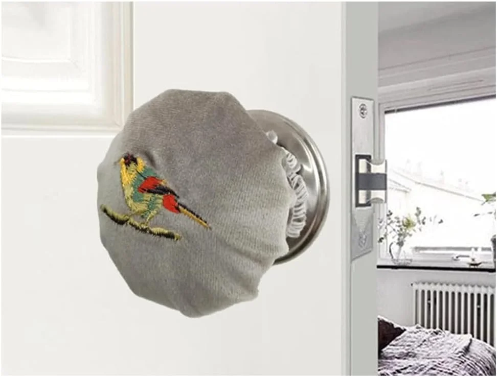 کاور دستگیره در خاکستری KASTWAVE (دو عددی) با گلدوزی پرنده - محافظ های مخملی نرم ضد الکتریسیته ساکن، بالشتک های تزئینی برای جلوگیری از فرورفتگی روی لوازم خانگی