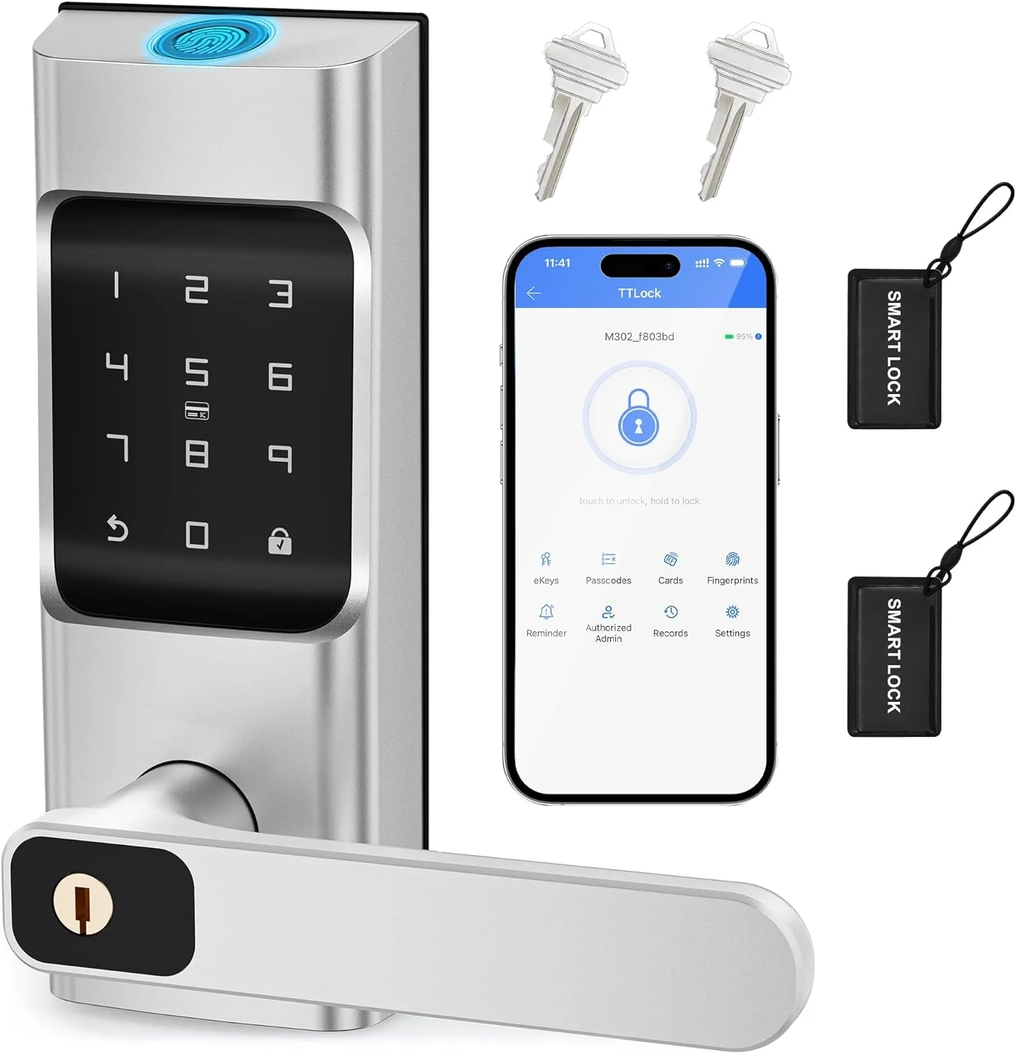 قفل درب هوشمند با دستگیره - قفل درب اثر انگشتی، قفل درب الکترونیکی بدون کلید، کنترل برنامه 6 در 1 / اثر انگشت / کارت های IC / رمز عبور / کلید قفل بیومتریک درب جلو برای خانه و دفتر