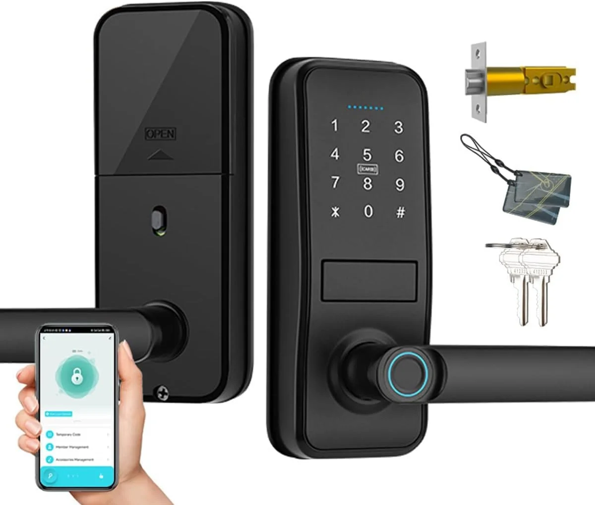قفل هوشمند درب، قفل درب ورودی بدون کلید با دستگیره مشکی مات شیک، قفل ددبولت صفحه کلید الکترونیکی، صفحه کلید اثر انگشت و لمسی، قفل درب بیومتریک، قفل هوشمند بلوتوثی برای درب ورودی (مشکی)