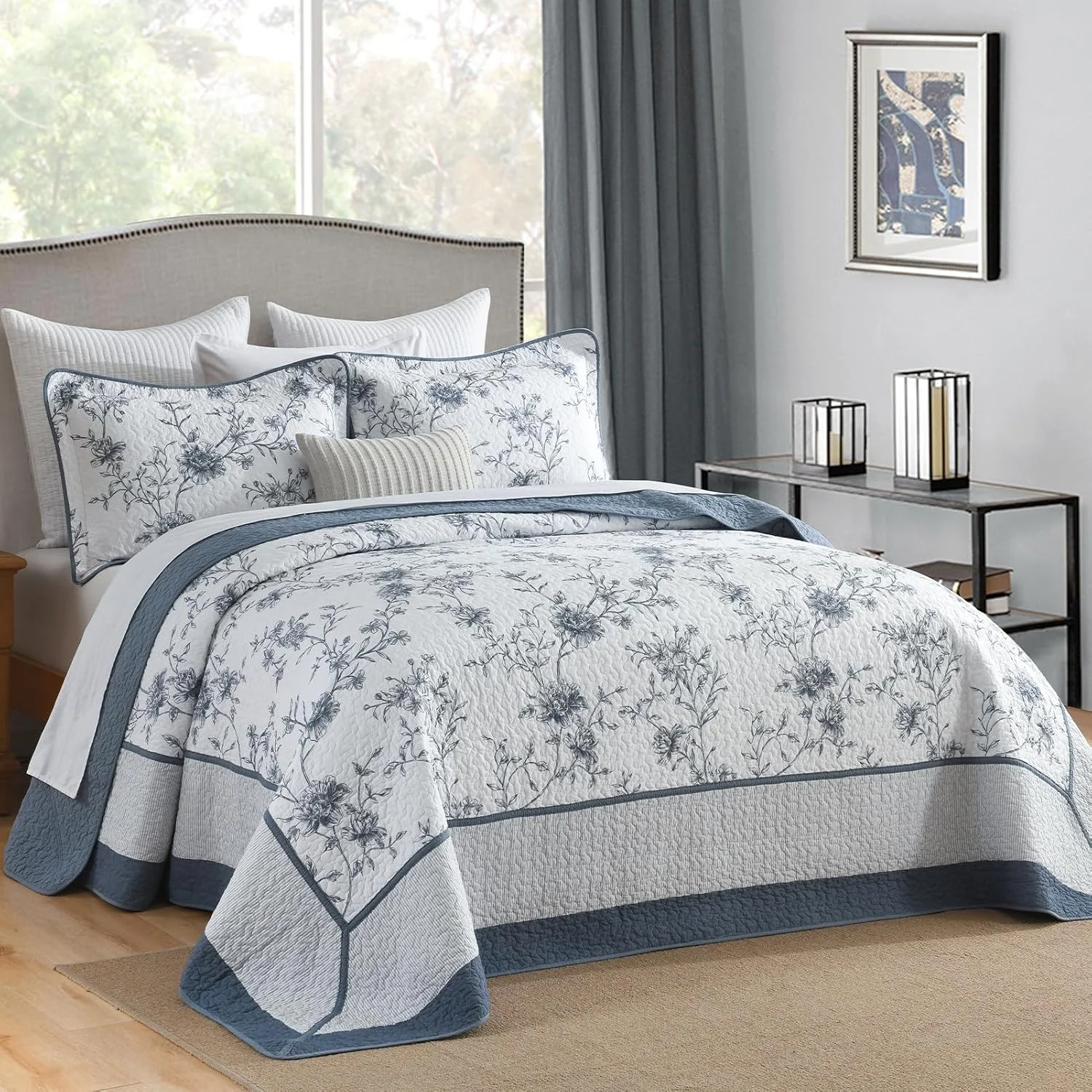 روتختی پنبه‌ای خالص QuiltMuse سایز کینگ 305x305 سانتی‌متر - لحاف کینگ بزرگ و سبک با 2 روبالشتی، رو تختی لحافی برگشت‌پذیر طرح گیاهی، 3 تکه، آبی/سفید