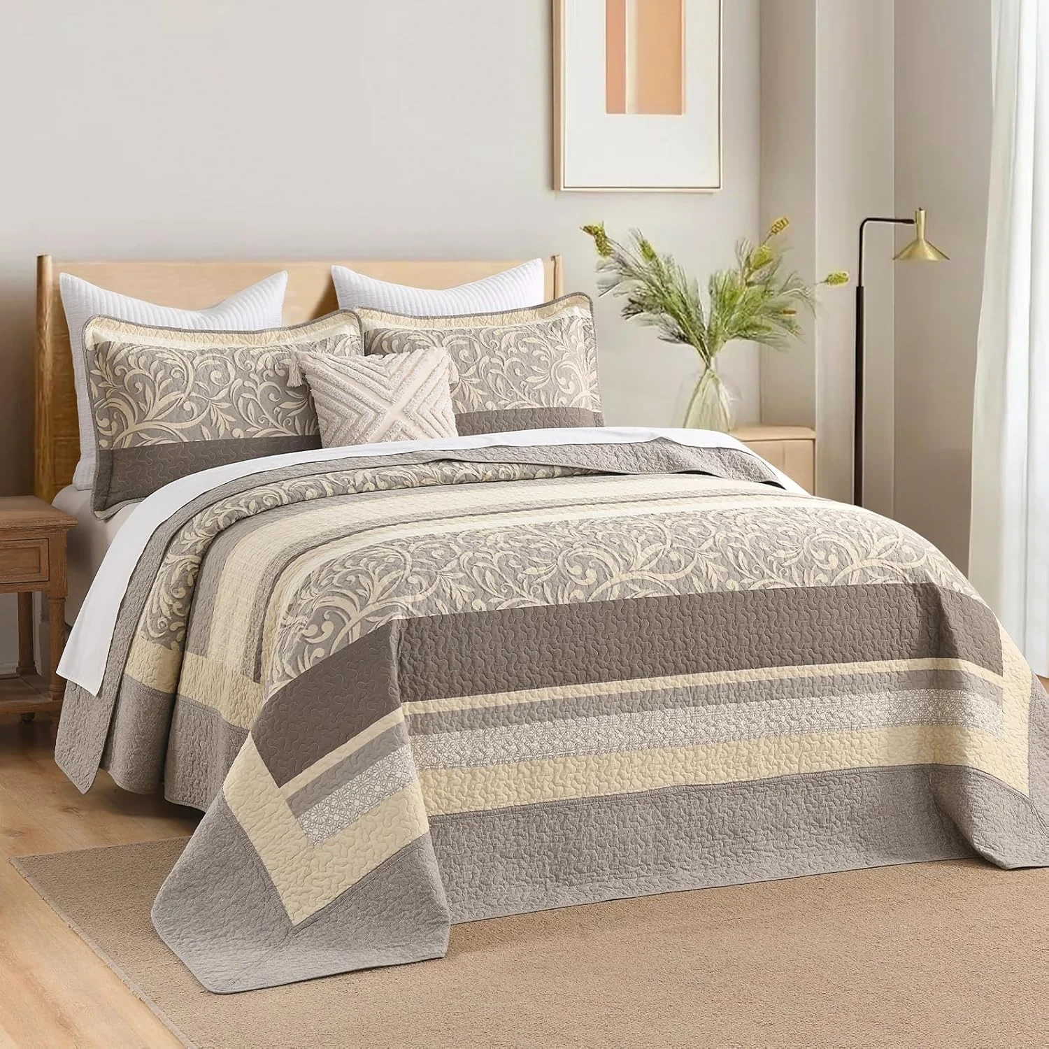روتختی پنبه‌ای سایز کینگ 305x305 سانتی‌متر - لحاف کینگ بزرگ و سبک با 2 روبالشی، طرح راه راه تاکستانی، روکش لحاف سه تکه، بژ/قهوه‌ای/کرمی