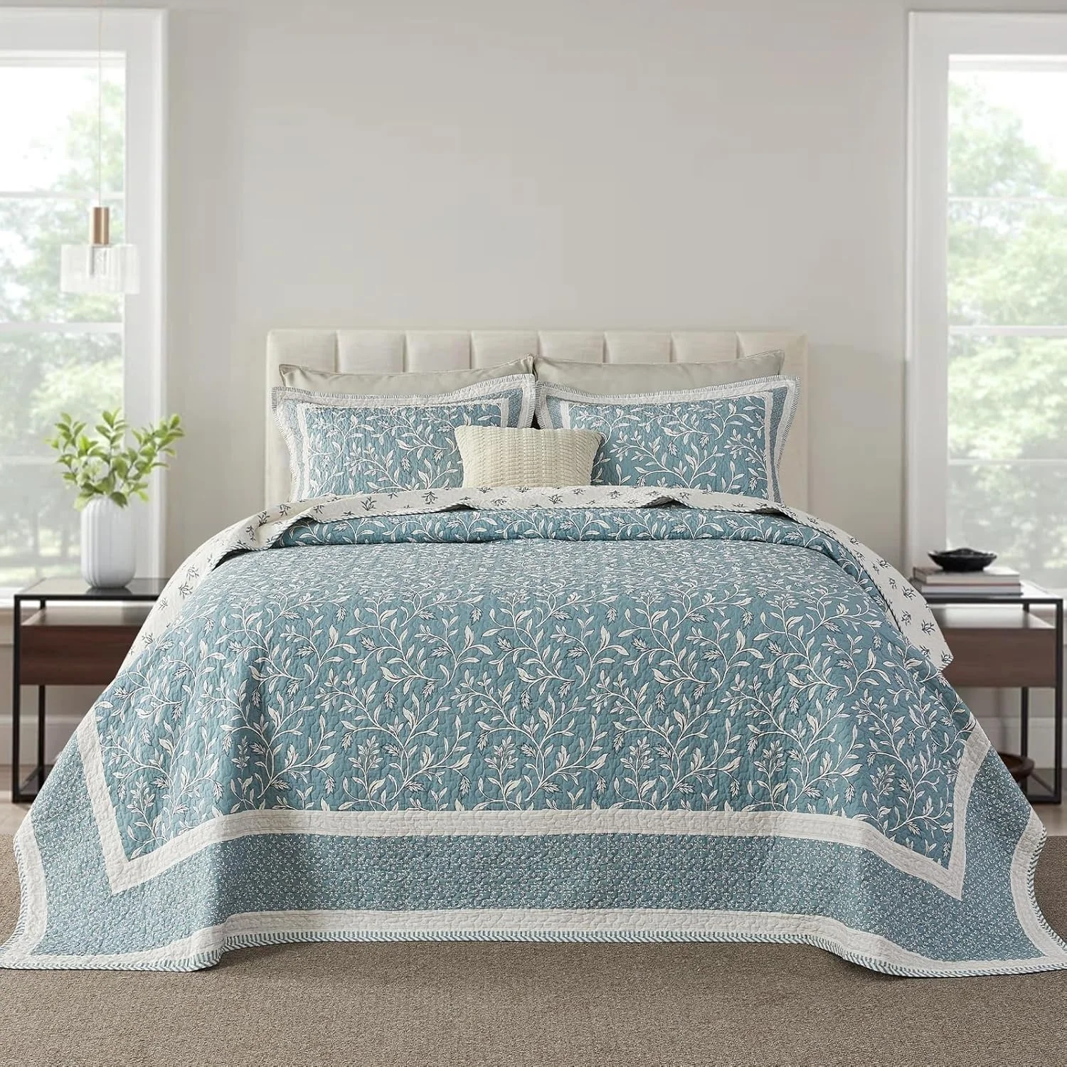 روتختی بزرگ طرح گیاهی سایز کوئین 259x305 سانتی متر - 100% پنبه ای سبک وزن، لحاف کوئین بزرگ با 2 روبالشی، طرح گیاهی دو طرفه، آبی مه آلود/بژ