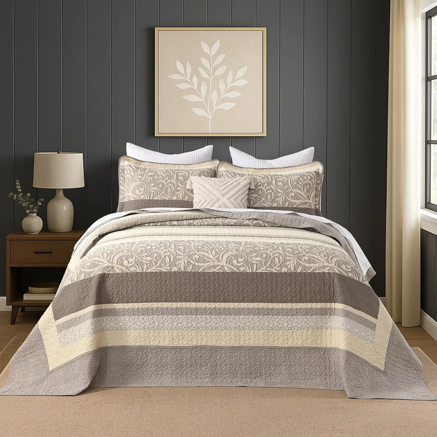 روتختی پنبه‌ای سایز کینگ 305x305 سانتی‌متر - لحاف کینگ بزرگ و سبک با 2 روبالشی، طرح راه راه تاکستانی، روکش لحاف سه تکه، بژ/قهوه‌ای/کرمی
