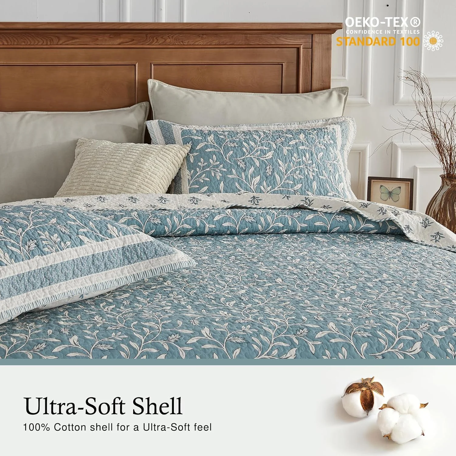 روتختی بزرگ طرح گیاهی سایز کوئین 259x305 سانتی متر - 100% پنبه ای سبک وزن، لحاف کوئین بزرگ با 2 روبالشی، طرح گیاهی دو طرفه، آبی مه آلود/بژ