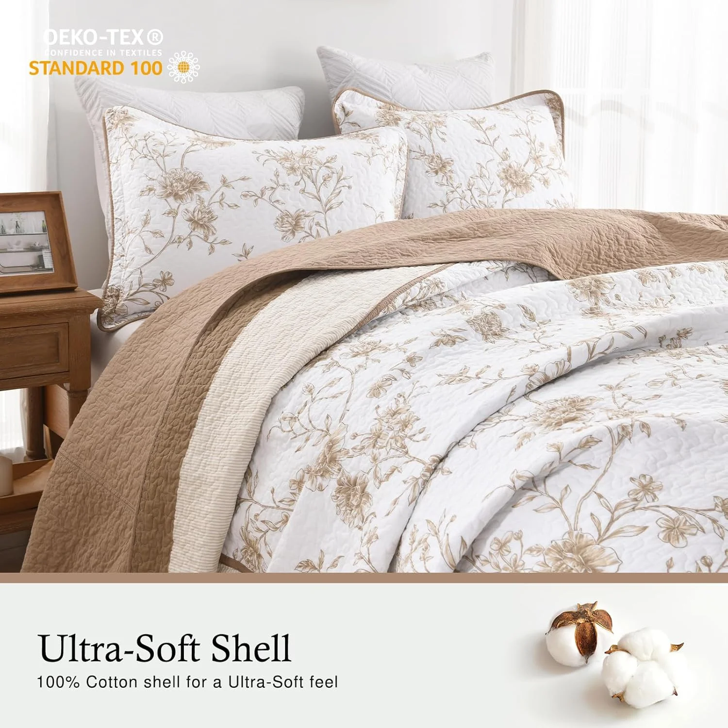 روتختی کینگ سایز بزرگ 325x305 - 100% پنبه ای سبک وزن، لحاف کالیفرنیا کینگ با 2 روبالشی، روتختی لحافی بسیار پهن طرح گیاهی دو رو، قهوه ای/بژ