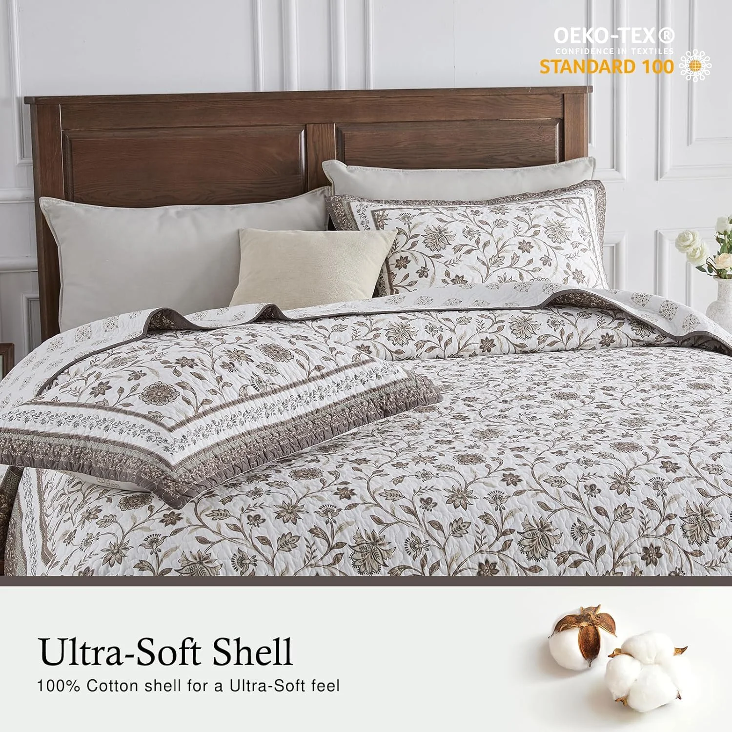 روتختی پنبه‌ای بزرگ سایز کوئین QuiltMuse، ابعاد 259x305 سانتی‌متر - لحاف سبک وزن بزرگ طرح گیاهی چاپی دو رو، 3 تکه، قهوه‌ای/سفید