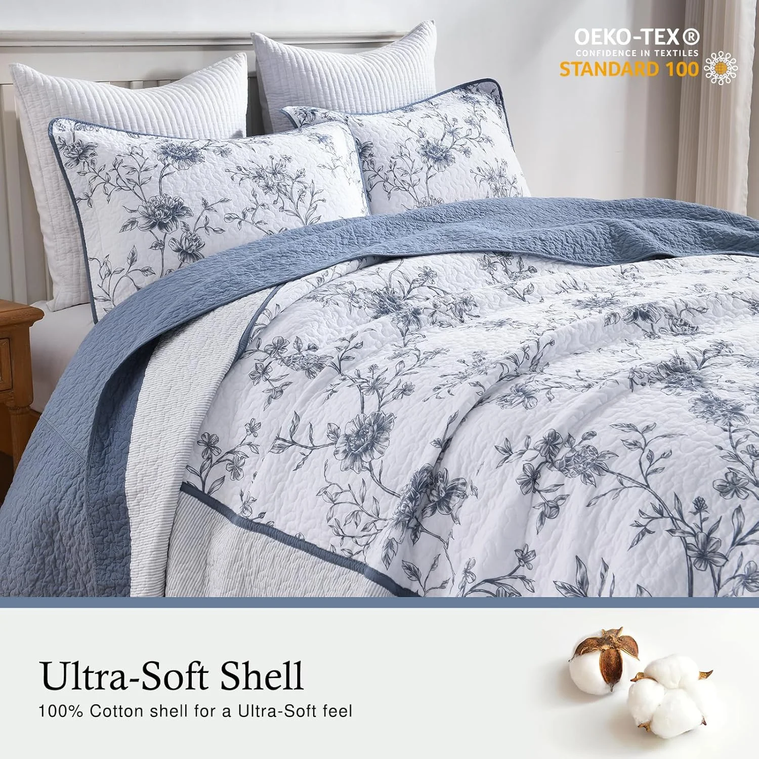 روتختی پنبه‌ای خالص QuiltMuse سایز کینگ 305x305 سانتی‌متر - لحاف کینگ بزرگ و سبک با 2 روبالشتی، رو تختی لحافی برگشت‌پذیر طرح گیاهی، 3 تکه، آبی/سفید