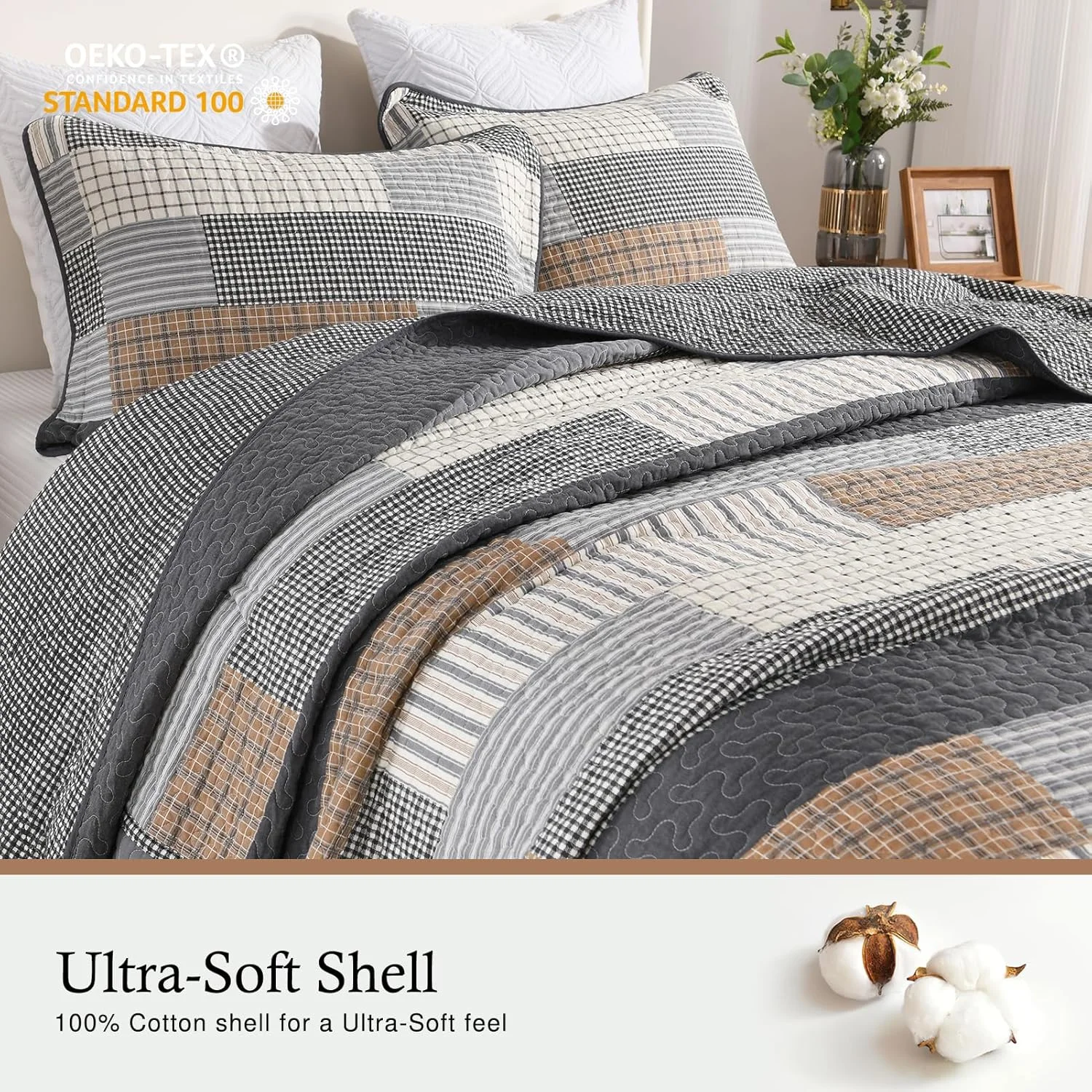 روتختی پنبه‌ای QuiltMuse سایز کینگ 305x305 سانتی‌متر - روتختی کینگ نرم، سبک و بزرگ به همراه 2 روبالشی، ست روتختی لحافی راه‌راه دو رو، روکش تخت سفید/خاکستری/بژ