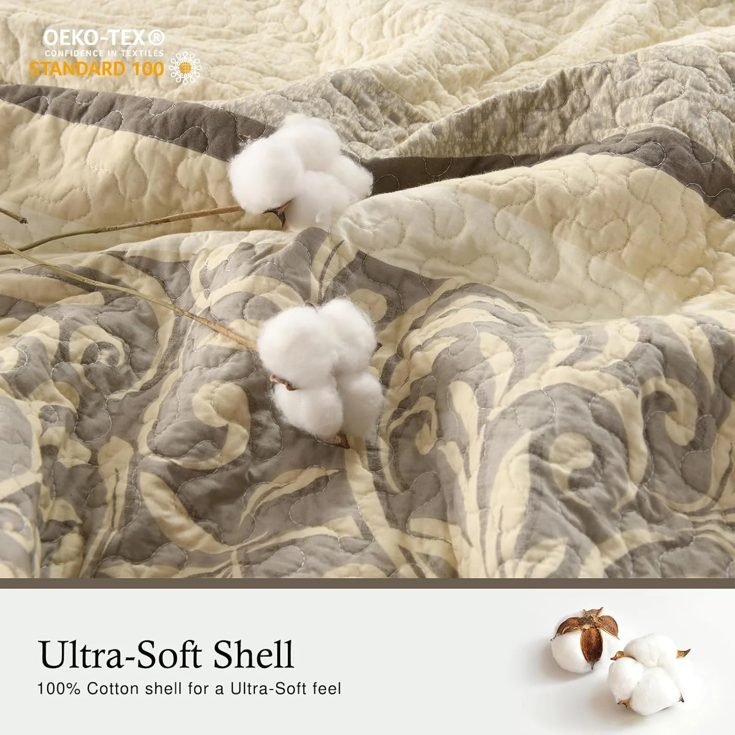 روتختی پنبه‌ای سایز کینگ 305x305 سانتی‌متر - لحاف کینگ بزرگ و سبک با 2 روبالشی، طرح راه راه تاکستانی، روکش لحاف سه تکه، بژ/قهوه‌ای/کرمی