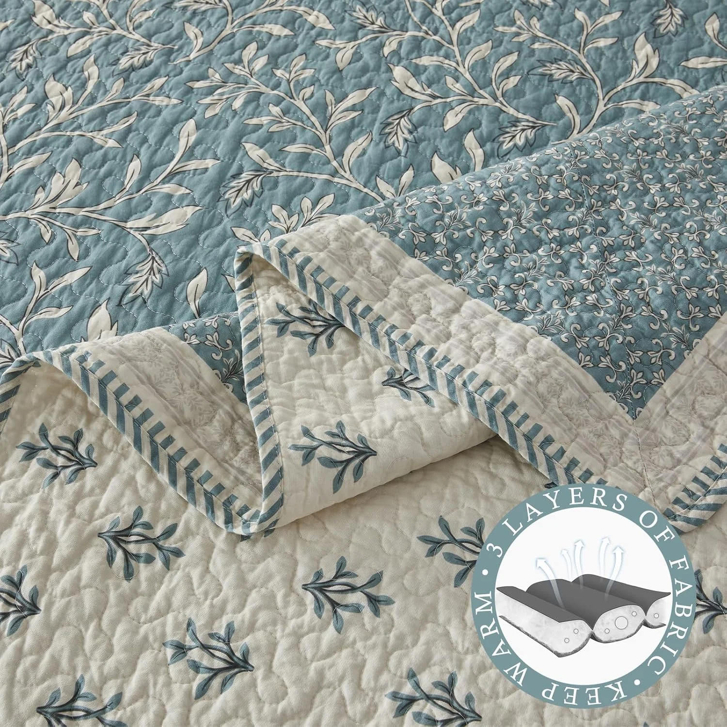 روتختی بزرگ طرح گیاهی سایز کوئین 259x305 سانتی متر - 100% پنبه ای سبک وزن، لحاف کوئین بزرگ با 2 روبالشی، طرح گیاهی دو طرفه، آبی مه آلود/بژ