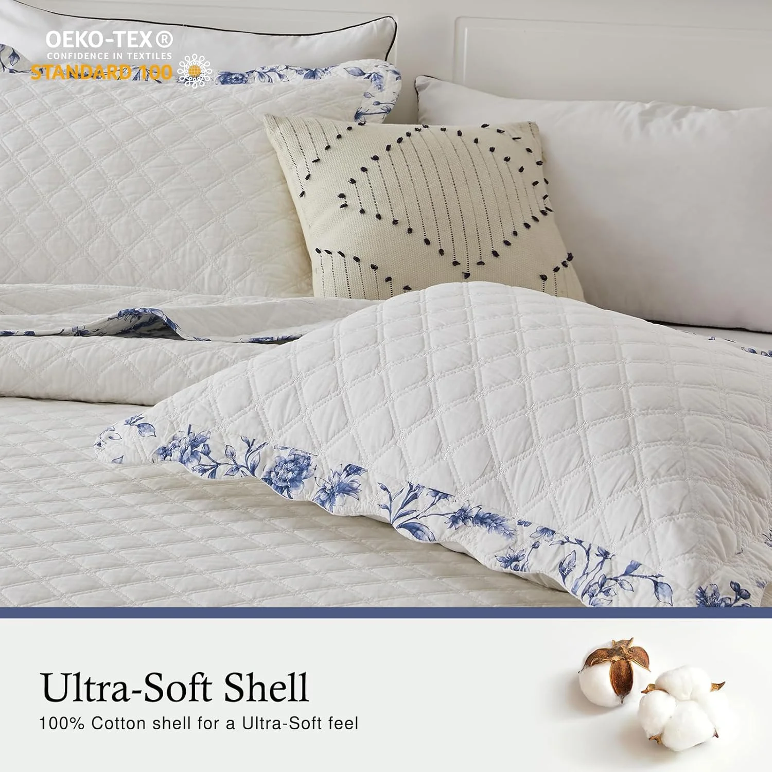 روتختی پنبه‌ای سایز کینگ 305x305 سانتی‌متر - لحاف کینگ سایز نرم و سبک وزن با دو روبالشی، طرح گل‌دار چاپی، رو تختی لحافی 3 تکه، سفید/آبی