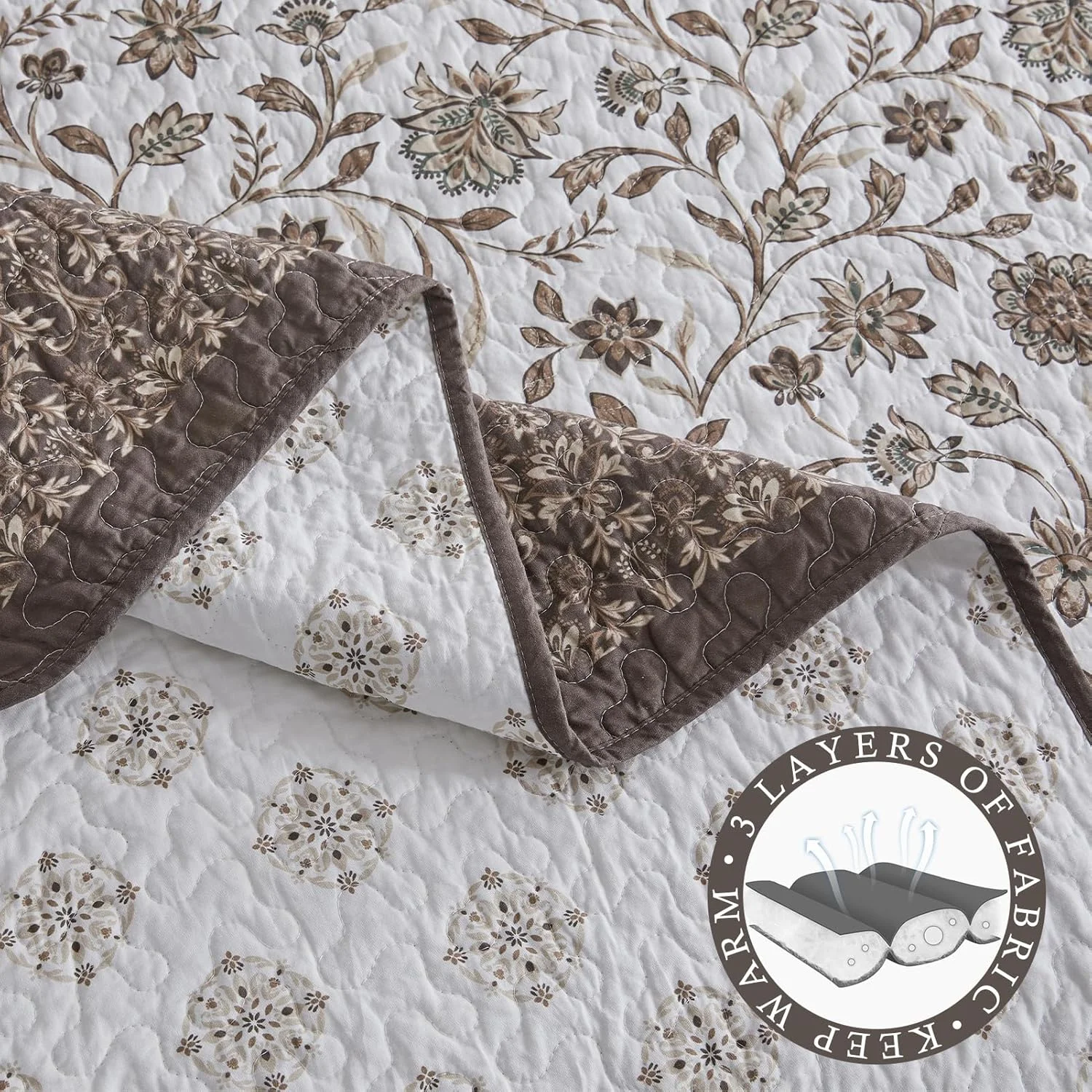 روتختی پنبه‌ای بزرگ سایز کوئین QuiltMuse، ابعاد 259x305 سانتی‌متر - لحاف سبک وزن بزرگ طرح گیاهی چاپی دو رو، 3 تکه، قهوه‌ای/سفید