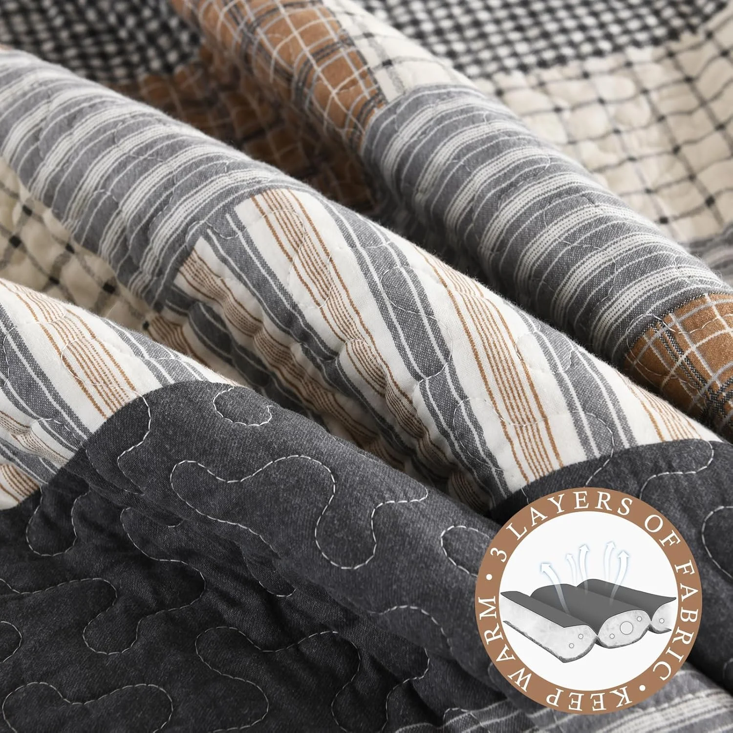 روتختی پنبه‌ای QuiltMuse سایز کینگ 305x305 سانتی‌متر - روتختی کینگ نرم، سبک و بزرگ به همراه 2 روبالشی، ست روتختی لحافی راه‌راه دو رو، روکش تخت سفید/خاکستری/بژ