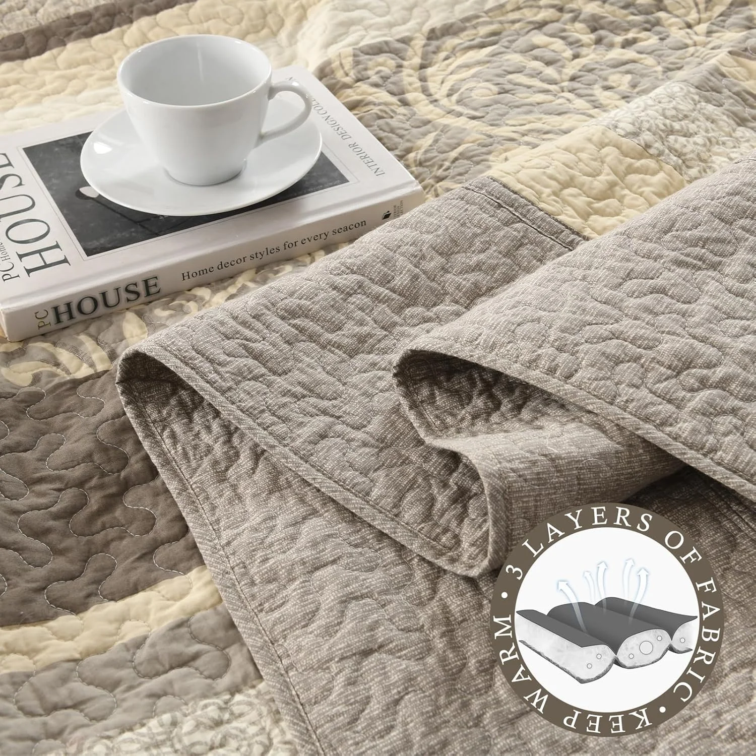 روتختی پنبه‌ای سایز کینگ 305x305 سانتی‌متر - لحاف کینگ بزرگ و سبک با 2 روبالشی، طرح راه راه تاکستانی، روکش لحاف سه تکه، بژ/قهوه‌ای/کرمی