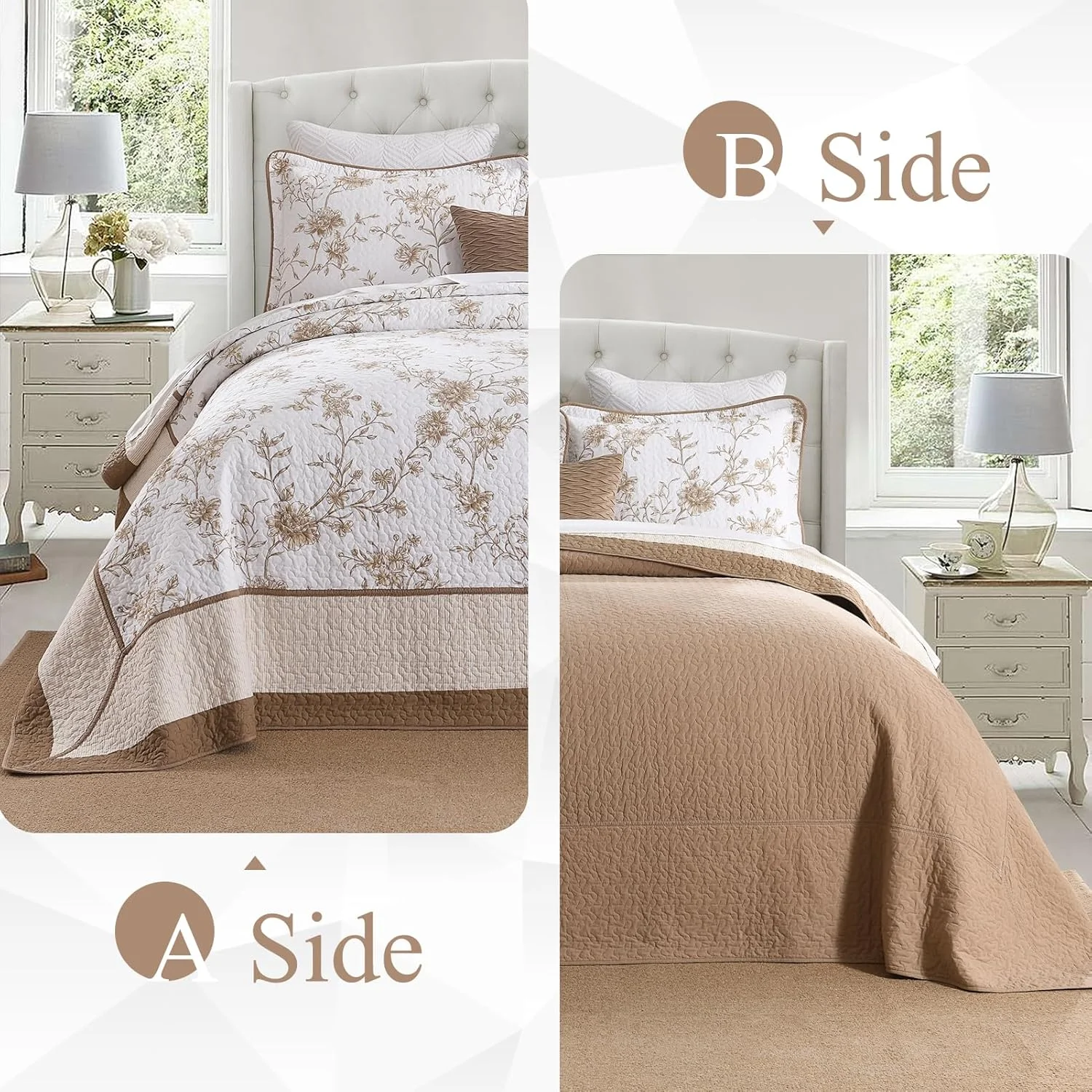روتختی کینگ سایز بزرگ 325x305 - 100% پنبه ای سبک وزن، لحاف کالیفرنیا کینگ با 2 روبالشی، روتختی لحافی بسیار پهن طرح گیاهی دو رو، قهوه ای/بژ