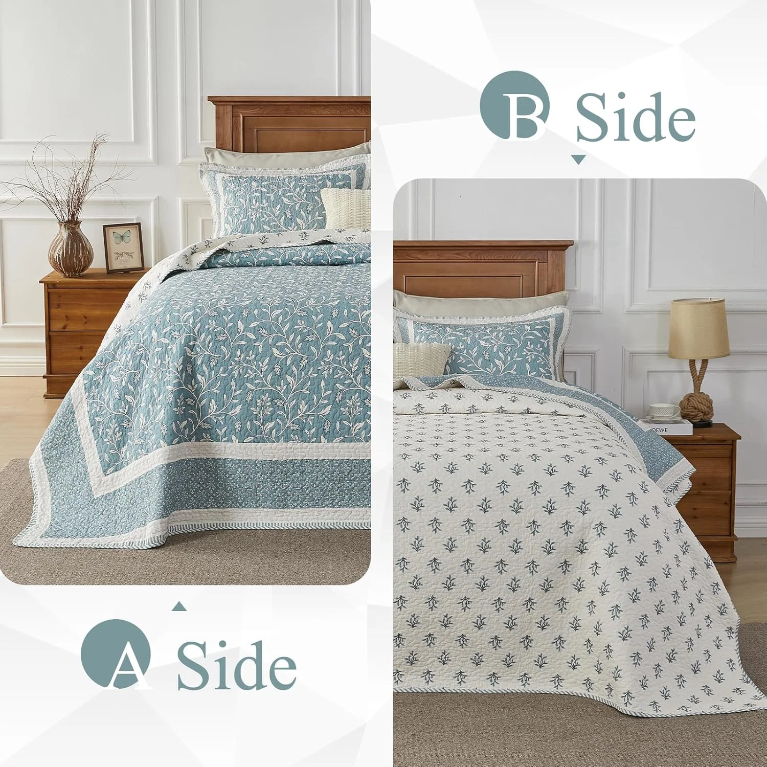 روتختی بزرگ طرح گیاهی سایز کوئین 259x305 سانتی متر - 100% پنبه ای سبک وزن، لحاف کوئین بزرگ با 2 روبالشی، طرح گیاهی دو طرفه، آبی مه آلود/بژ