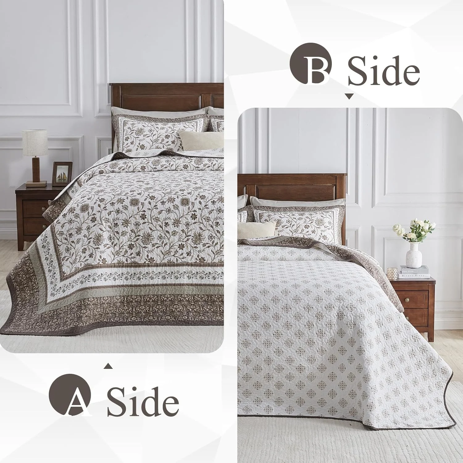 روتختی پنبه‌ای بزرگ سایز کوئین QuiltMuse، ابعاد 259x305 سانتی‌متر - لحاف سبک وزن بزرگ طرح گیاهی چاپی دو رو، 3 تکه، قهوه‌ای/سفید