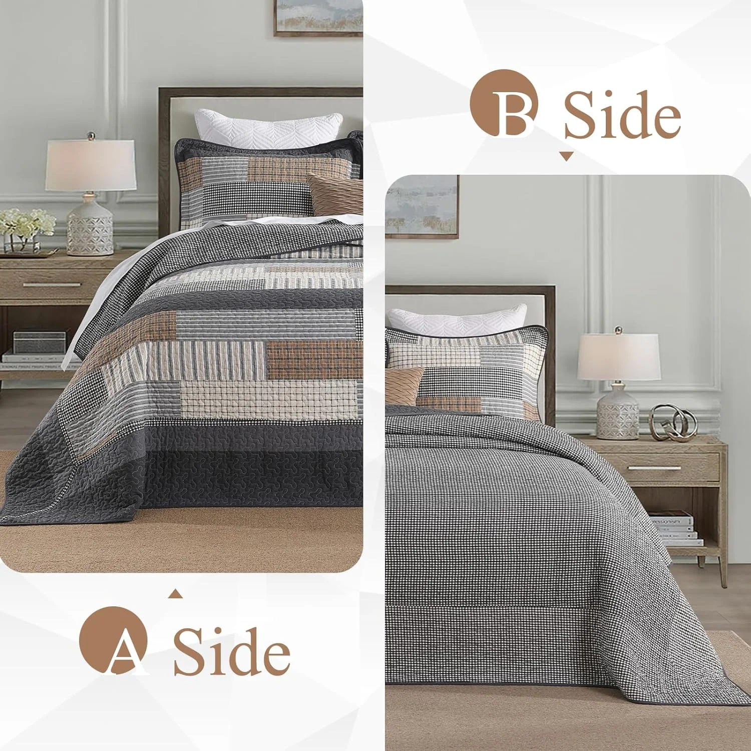 روتختی پنبه‌ای QuiltMuse سایز کینگ 305x305 سانتی‌متر - روتختی کینگ نرم، سبک و بزرگ به همراه 2 روبالشی، ست روتختی لحافی راه‌راه دو رو، روکش تخت سفید/خاکستری/بژ