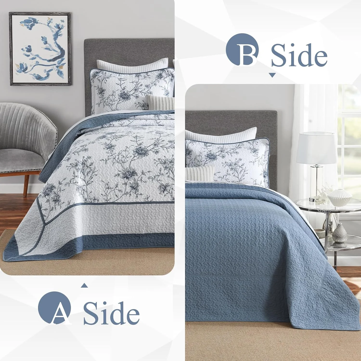 روتختی پنبه‌ای خالص QuiltMuse سایز کینگ 305x305 سانتی‌متر - لحاف کینگ بزرگ و سبک با 2 روبالشتی، رو تختی لحافی برگشت‌پذیر طرح گیاهی، 3 تکه، آبی/سفید