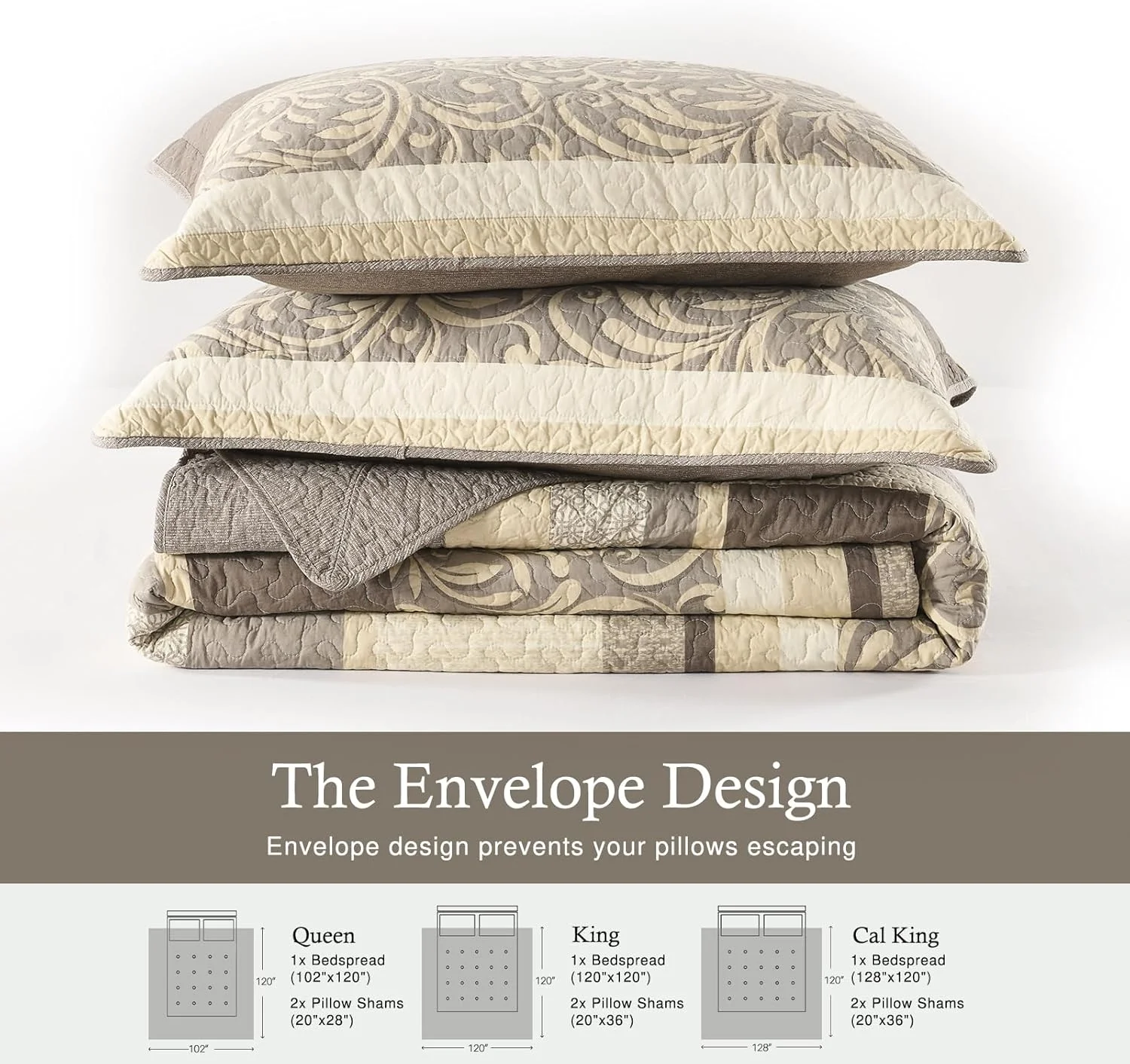 روتختی پنبه‌ای سایز کینگ 305x305 سانتی‌متر - لحاف کینگ بزرگ و سبک با 2 روبالشی، طرح راه راه تاکستانی، روکش لحاف سه تکه، بژ/قهوه‌ای/کرمی