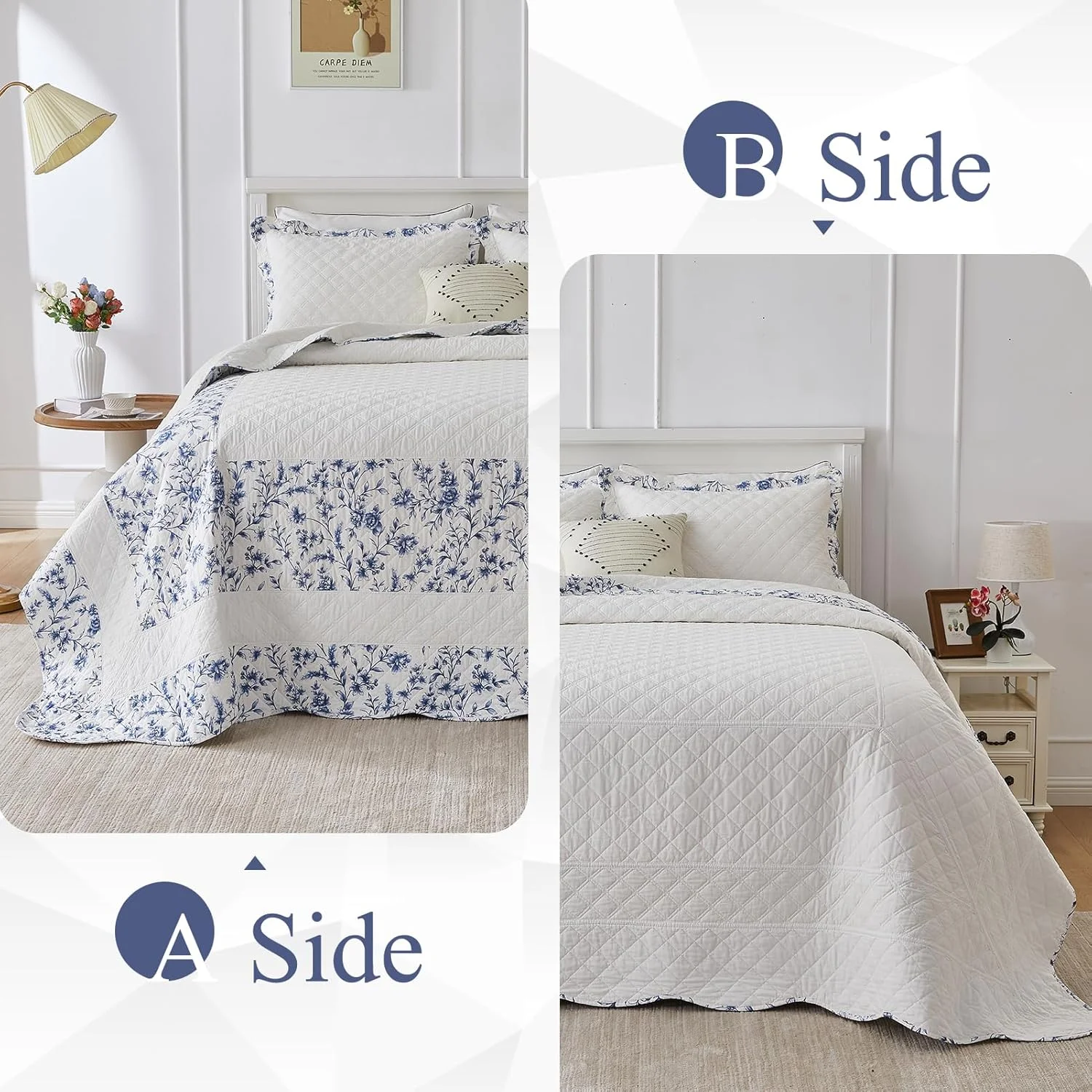 روتختی پنبه‌ای سایز کینگ 305x305 سانتی‌متر - لحاف کینگ سایز نرم و سبک وزن با دو روبالشی، طرح گل‌دار چاپی، رو تختی لحافی 3 تکه، سفید/آبی
