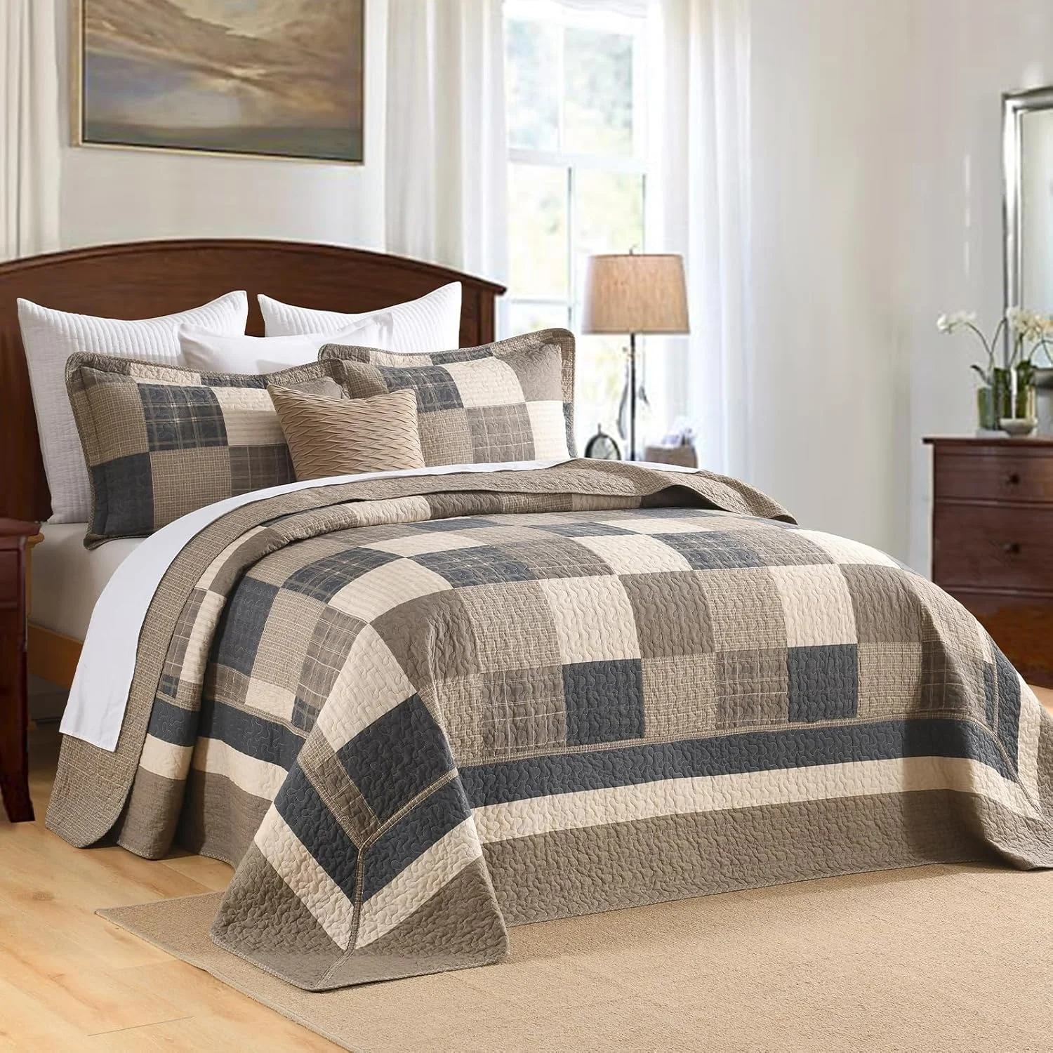 روتختی طرح مزرعه سایز کویین 259x305 سانتی متر - لحاف سبک وزن 100% پنبه با 2 روبالشی، روکش لحافی کویین سایز بزرگ طرح چهارخانه مناسب تمام فصول، 3 تکه، قهوه ای/بژ/کرم