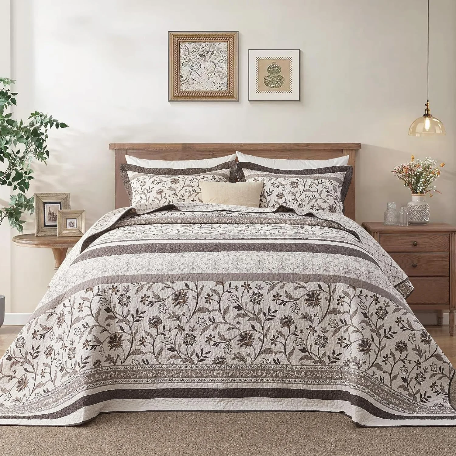 روتختی بزرگ طرح مزرعه کویلت میوز سایز کوئین 259x305 سانتی متر - لحاف بسیار بزرگ سبک وزن 100% پنبه با 2 روبالشتی، رو تختی راه راه گیاهی دو طرفه، 3 تکه، قهوه ای/کافی