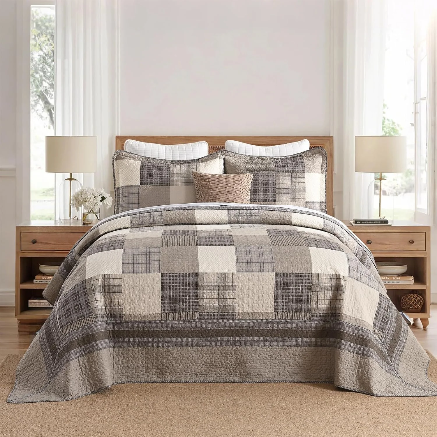 روتختی مزرعه‌ای QuiltMuse سایز کینگ 305x305 سانتی‌متر - روتختی کینگ سایز بزرگ و سبک وزن 100% پنبه با 2 روبالشی، روتختی لحافی کینگ طرح چهارخانه کلبه، رو تختی و رو انداز قهوه‌ای/بژ/خاکی