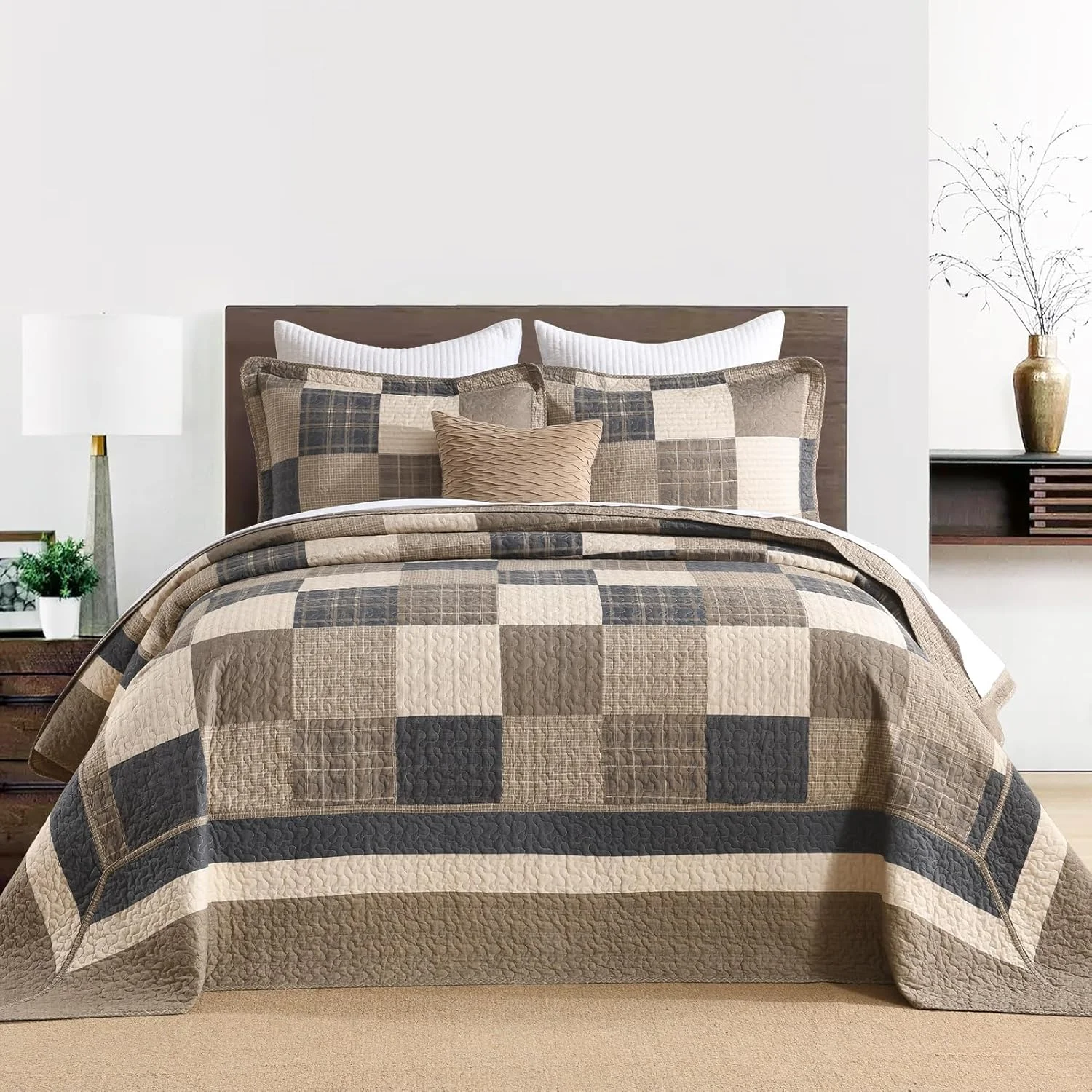 روتختی طرح مزرعه سایز کویین 259x305 سانتی متر - لحاف سبک وزن 100% پنبه با 2 روبالشی، روکش لحافی کویین سایز بزرگ طرح چهارخانه مناسب تمام فصول، 3 تکه، قهوه ای/بژ/کرم