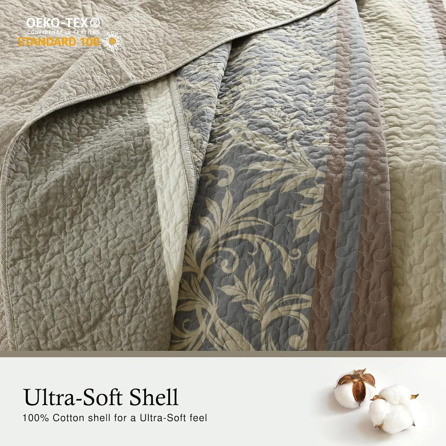 روتختی کینگ سایز طرح خانه روستایی 305x305 سانتی‌متر - لحاف کینگ سایز پنبه‌ای 100% سبک وزن به همراه 2 روبالشی، رو تختی لحاف‌دوزی شده طرح گیاهی راه راه، خاکستری/قهوه‌ای