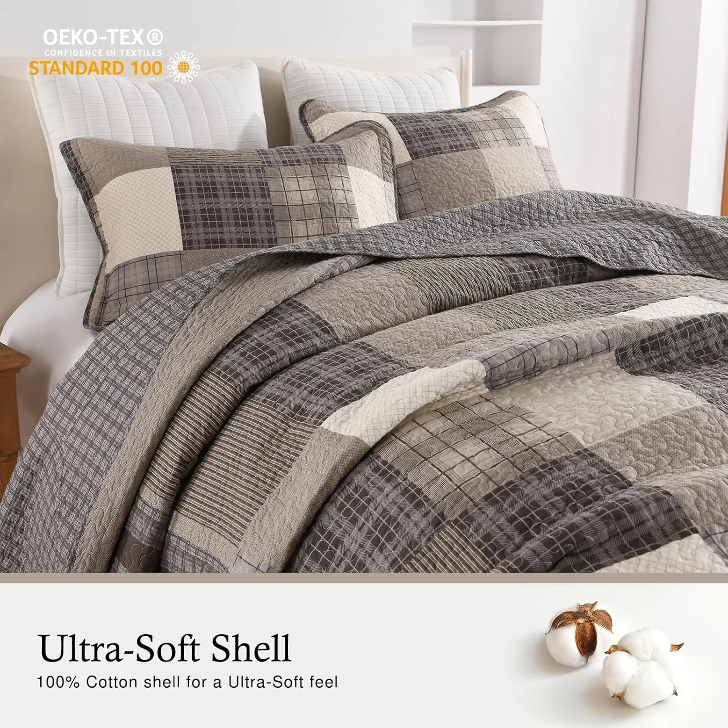 روتختی مزرعه‌ای QuiltMuse سایز کینگ 305x305 سانتی‌متر - روتختی کینگ سایز بزرگ و سبک وزن 100% پنبه با 2 روبالشی، روتختی لحافی کینگ طرح چهارخانه کلبه، رو تختی و رو انداز قهوه‌ای/بژ/خاکی