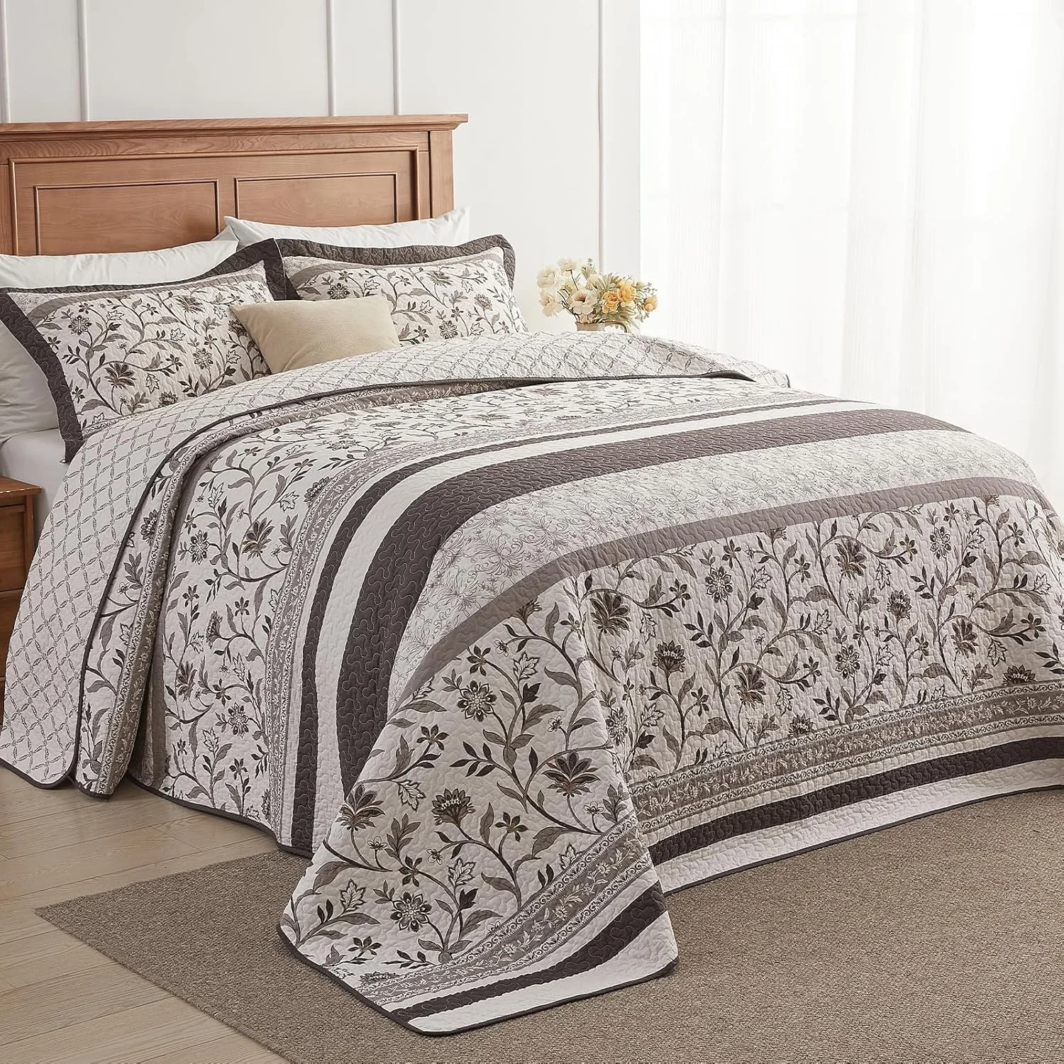 روتختی بزرگ طرح مزرعه کویلت میوز سایز کوئین 259x305 سانتی متر - لحاف بسیار بزرگ سبک وزن 100% پنبه با 2 روبالشتی، رو تختی راه راه گیاهی دو طرفه، 3 تکه، قهوه ای/کافی