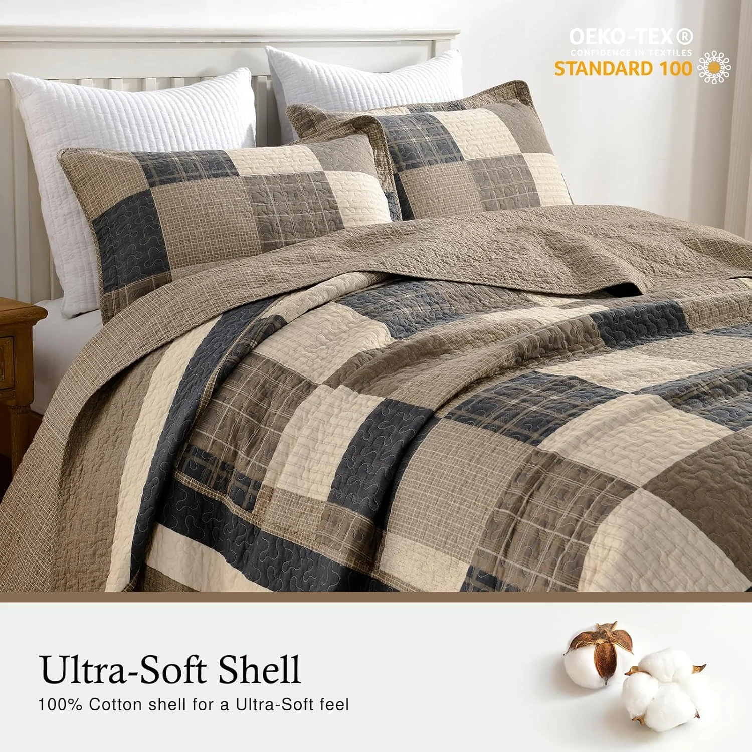روتختی طرح مزرعه سایز کویین 259x305 سانتی متر - لحاف سبک وزن 100% پنبه با 2 روبالشی، روکش لحافی کویین سایز بزرگ طرح چهارخانه مناسب تمام فصول، 3 تکه، قهوه ای/بژ/کرم