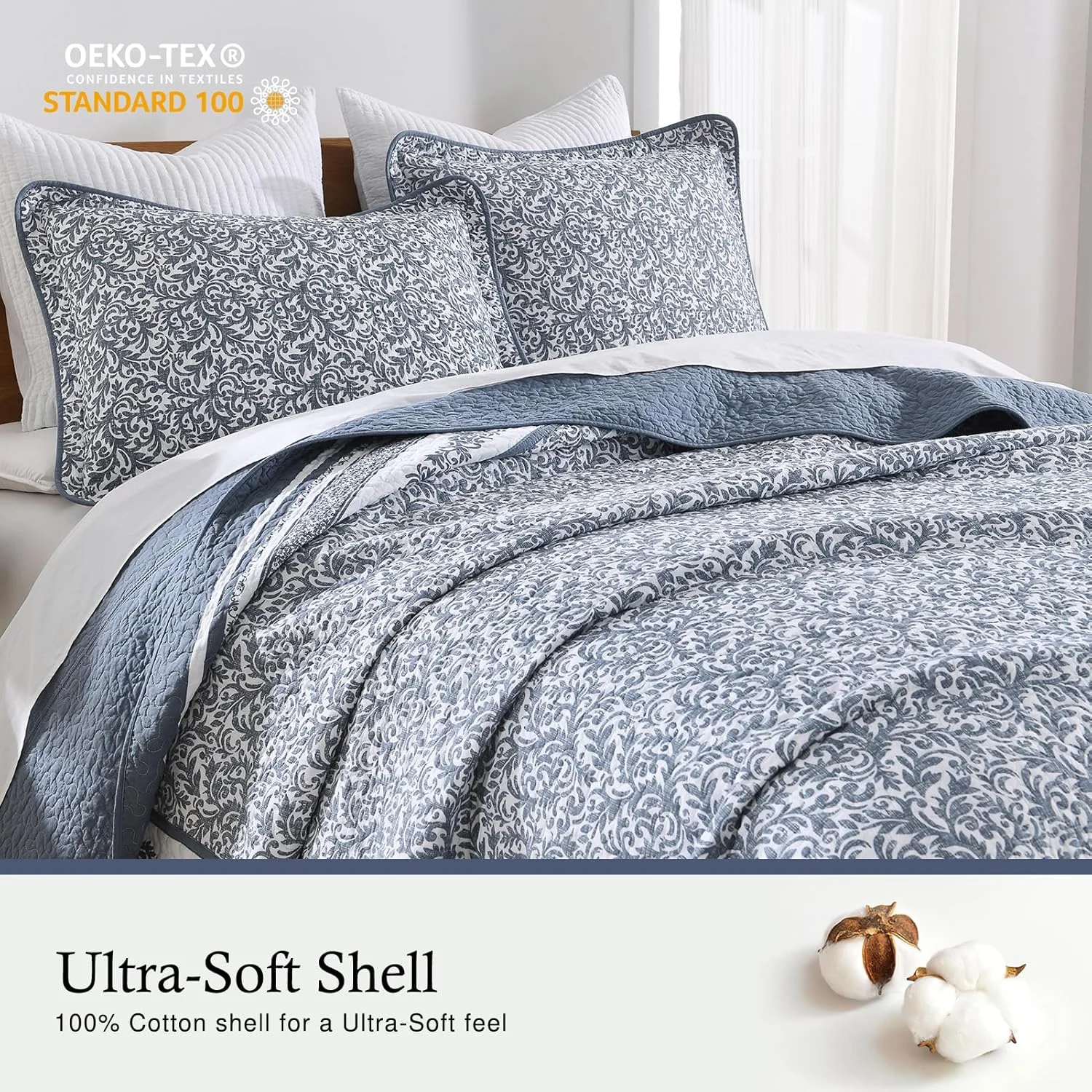 روتختی پنبه‌ای کینگ سایز QuiltMuse، ابعاد 305x305 سانتی‌متر - لحاف کینگ سایز سبک و بزرگ با 2 روبالشتی، رو تختی لحافی طرح گیاهی مزرعه‌ای دو رو، 3 تکه، سفید/آبی