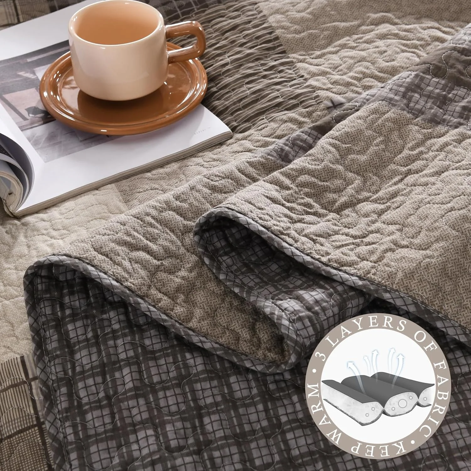 روتختی مزرعه‌ای QuiltMuse سایز کینگ 305x305 سانتی‌متر - روتختی کینگ سایز بزرگ و سبک وزن 100% پنبه با 2 روبالشی، روتختی لحافی کینگ طرح چهارخانه کلبه، رو تختی و رو انداز قهوه‌ای/بژ/خاکی