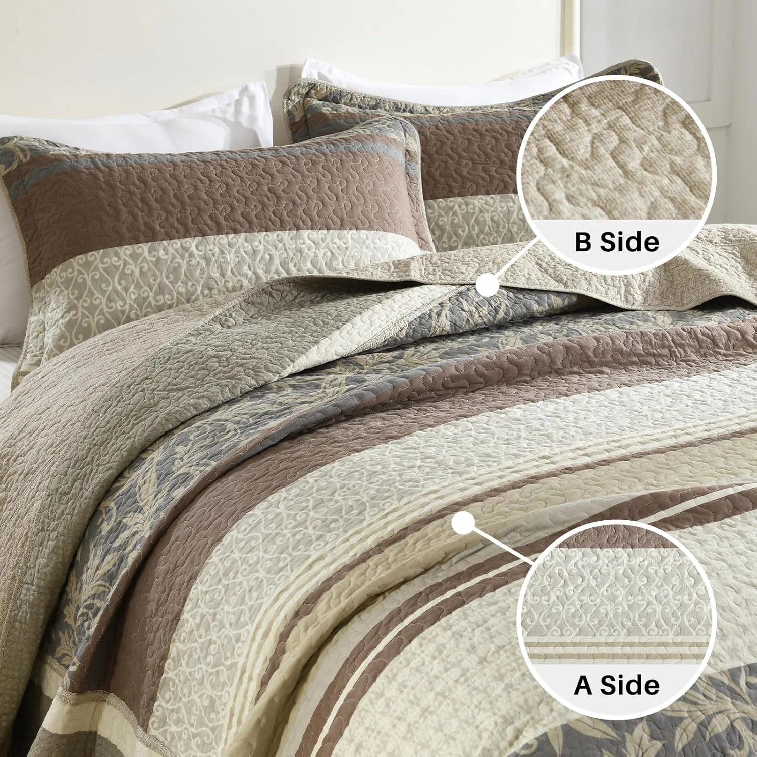 روتختی کینگ سایز طرح خانه روستایی 305x305 سانتی‌متر - لحاف کینگ سایز پنبه‌ای 100% سبک وزن به همراه 2 روبالشی، رو تختی لحاف‌دوزی شده طرح گیاهی راه راه، خاکستری/قهوه‌ای