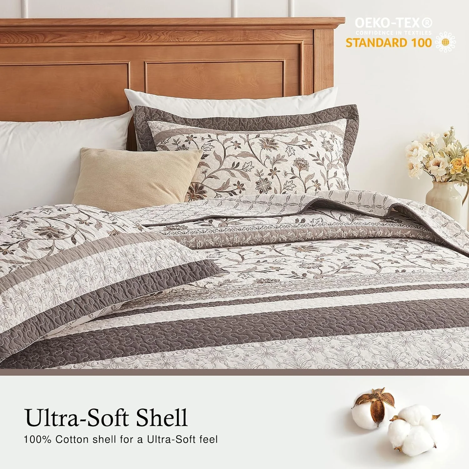 روتختی بزرگ طرح مزرعه کویلت میوز سایز کوئین 259x305 سانتی متر - لحاف بسیار بزرگ سبک وزن 100% پنبه با 2 روبالشتی، رو تختی راه راه گیاهی دو طرفه، 3 تکه، قهوه ای/کافی