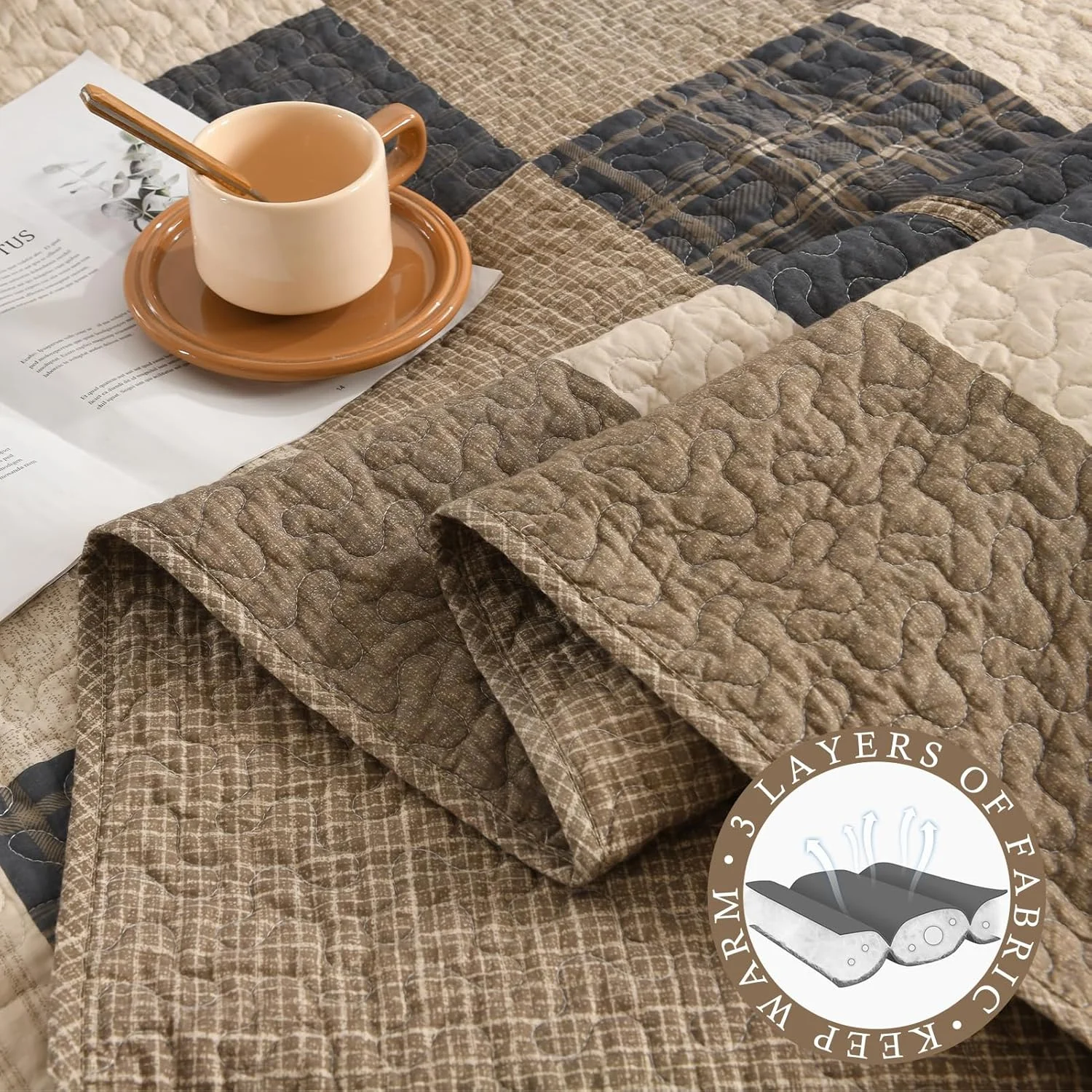 روتختی طرح مزرعه سایز کویین 259x305 سانتی متر - لحاف سبک وزن 100% پنبه با 2 روبالشی، روکش لحافی کویین سایز بزرگ طرح چهارخانه مناسب تمام فصول، 3 تکه، قهوه ای/بژ/کرم