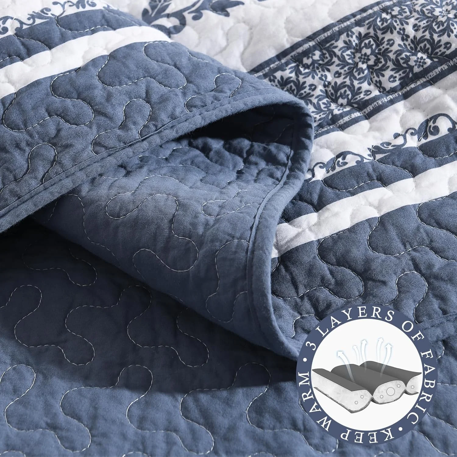 روتختی پنبه‌ای کینگ سایز QuiltMuse، ابعاد 305x305 سانتی‌متر - لحاف کینگ سایز سبک و بزرگ با 2 روبالشتی، رو تختی لحافی طرح گیاهی مزرعه‌ای دو رو، 3 تکه، سفید/آبی