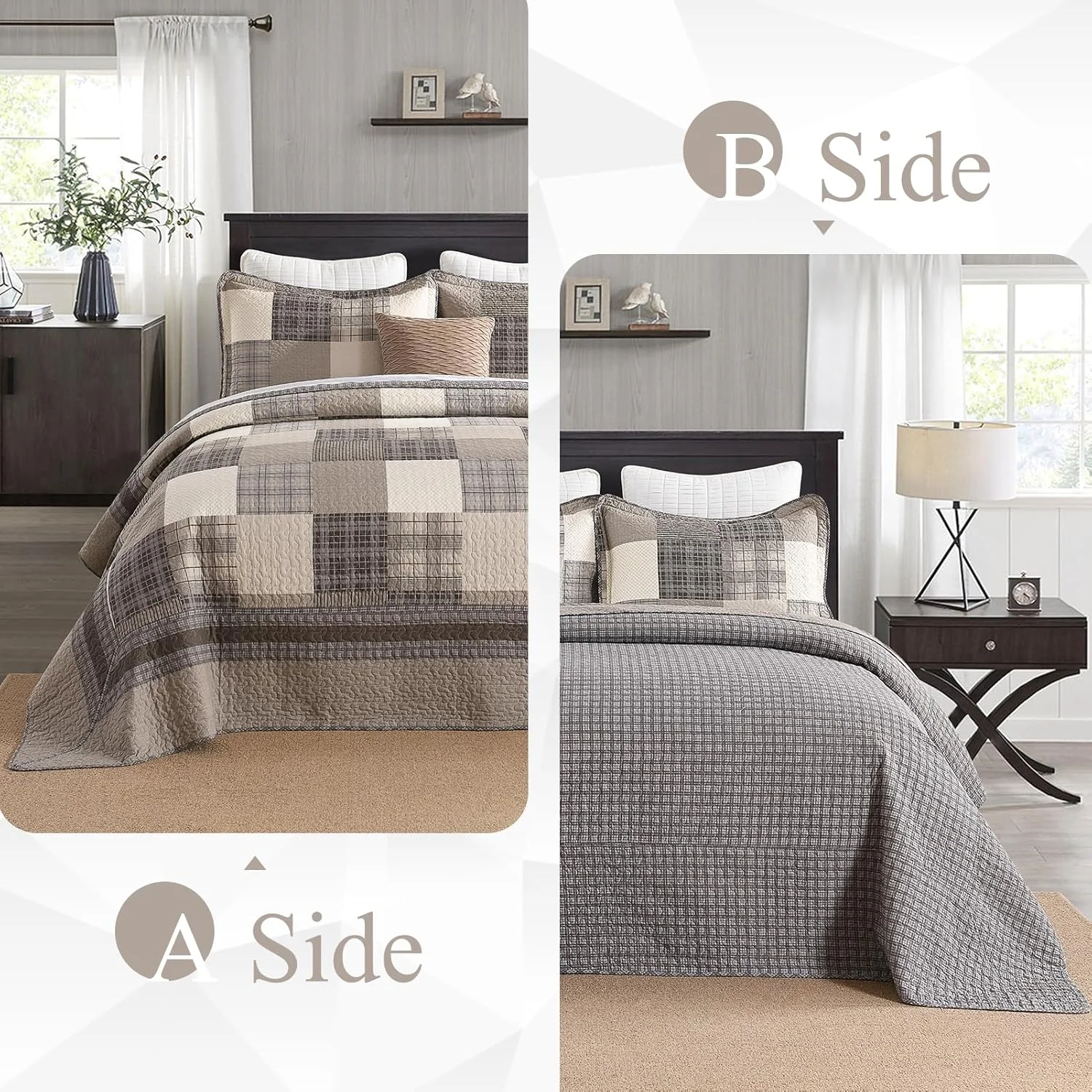 روتختی مزرعه‌ای QuiltMuse سایز کینگ 305x305 سانتی‌متر - روتختی کینگ سایز بزرگ و سبک وزن 100% پنبه با 2 روبالشی، روتختی لحافی کینگ طرح چهارخانه کلبه، رو تختی و رو انداز قهوه‌ای/بژ/خاکی