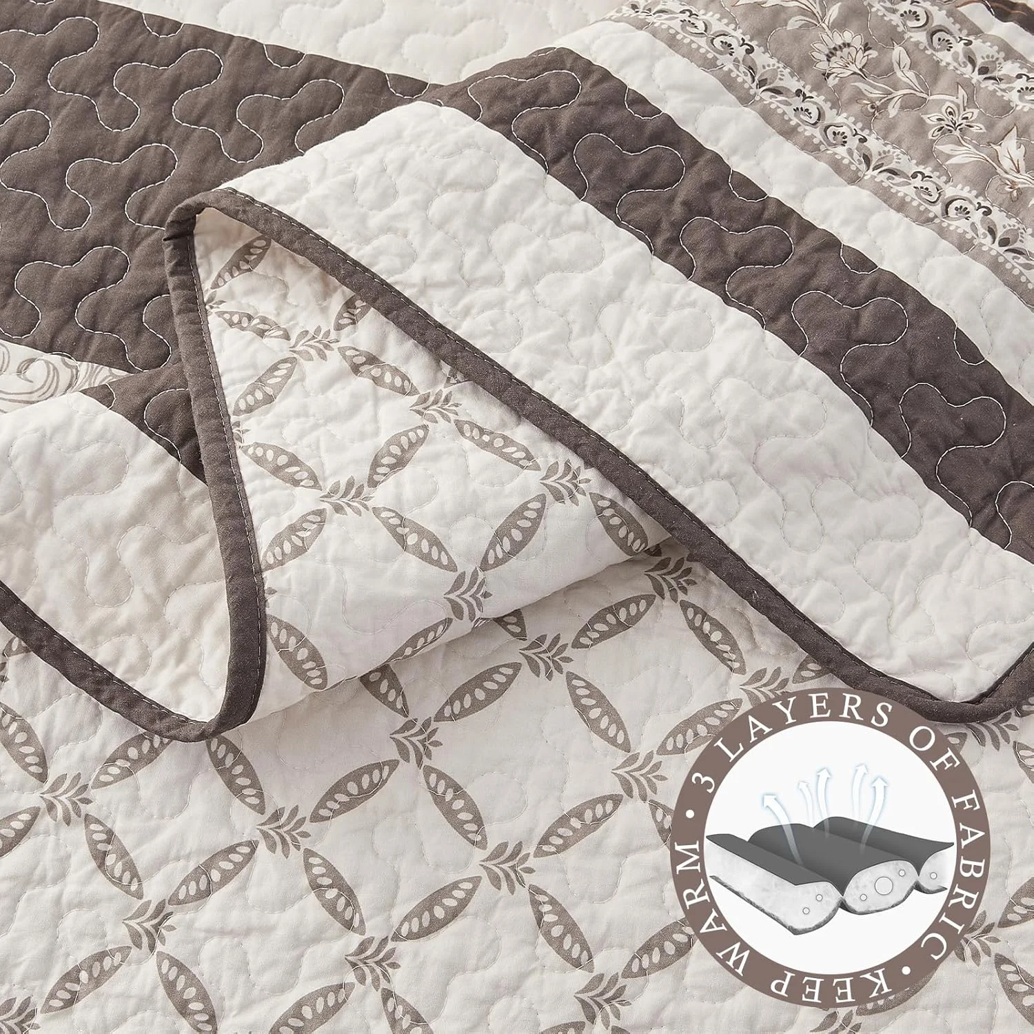 روتختی بزرگ طرح مزرعه کویلت میوز سایز کوئین 259x305 سانتی متر - لحاف بسیار بزرگ سبک وزن 100% پنبه با 2 روبالشتی، رو تختی راه راه گیاهی دو طرفه، 3 تکه، قهوه ای/کافی