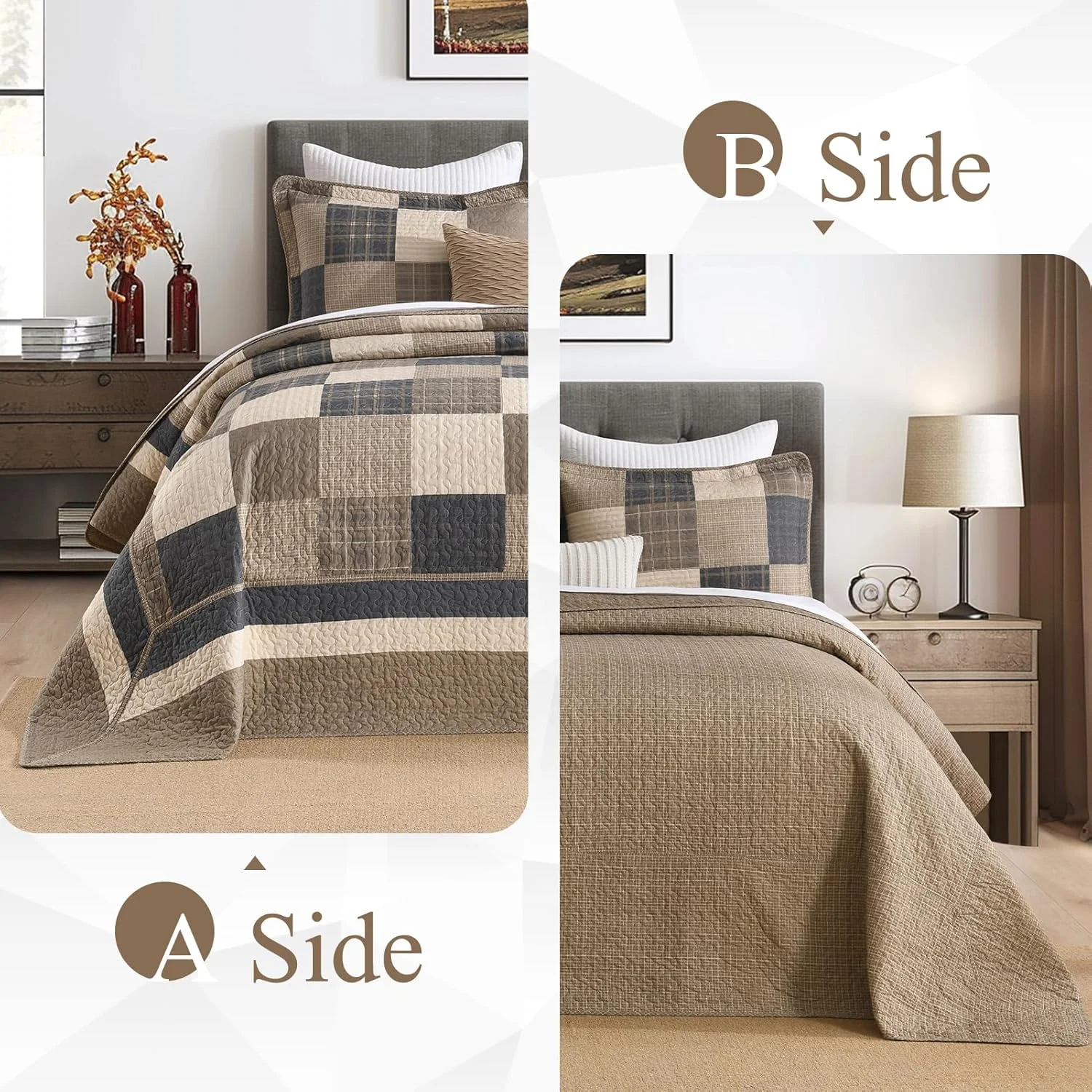 روتختی طرح مزرعه سایز کویین 259x305 سانتی متر - لحاف سبک وزن 100% پنبه با 2 روبالشی، روکش لحافی کویین سایز بزرگ طرح چهارخانه مناسب تمام فصول، 3 تکه، قهوه ای/بژ/کرم