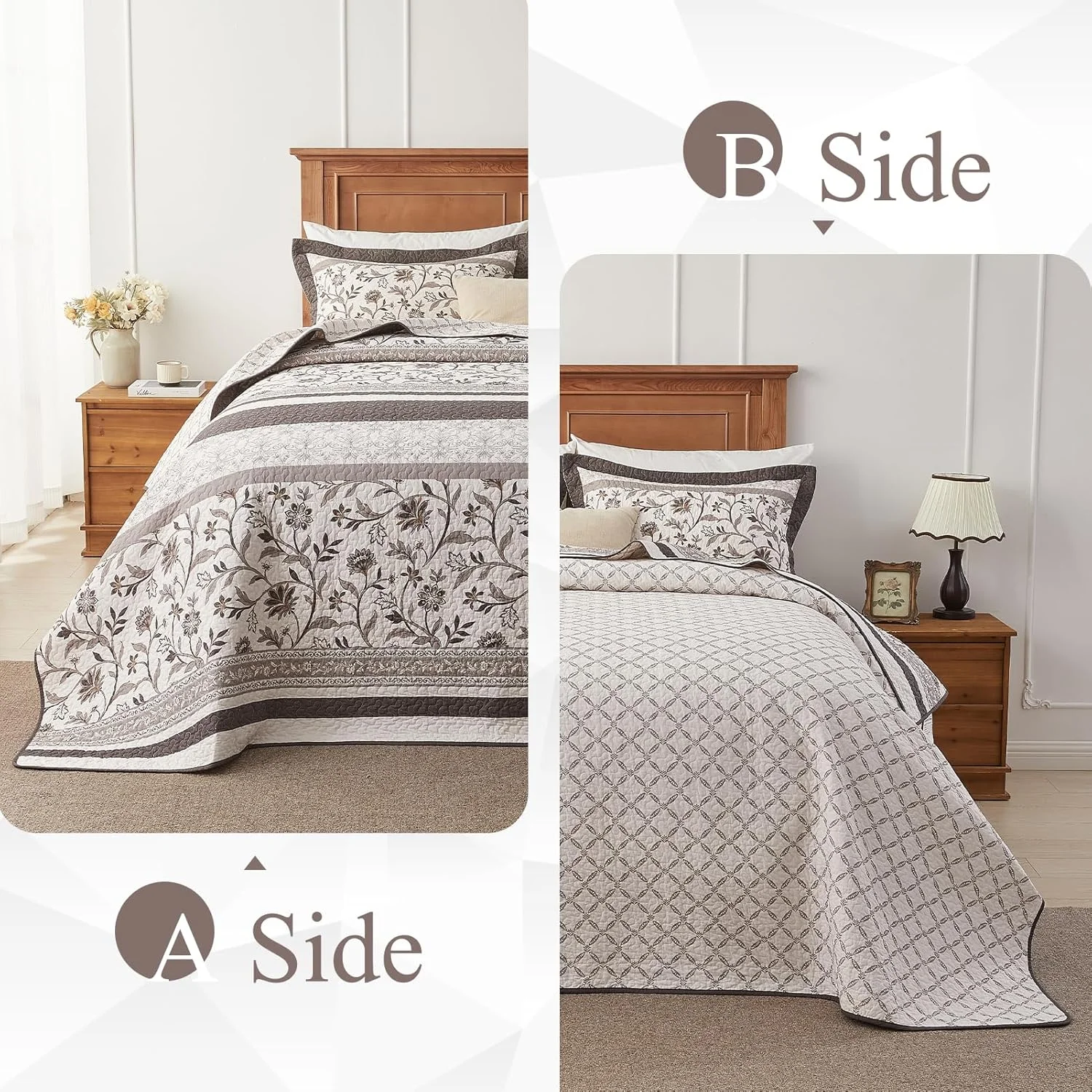 روتختی بزرگ طرح مزرعه کویلت میوز سایز کوئین 259x305 سانتی متر - لحاف بسیار بزرگ سبک وزن 100% پنبه با 2 روبالشتی، رو تختی راه راه گیاهی دو طرفه، 3 تکه، قهوه ای/کافی