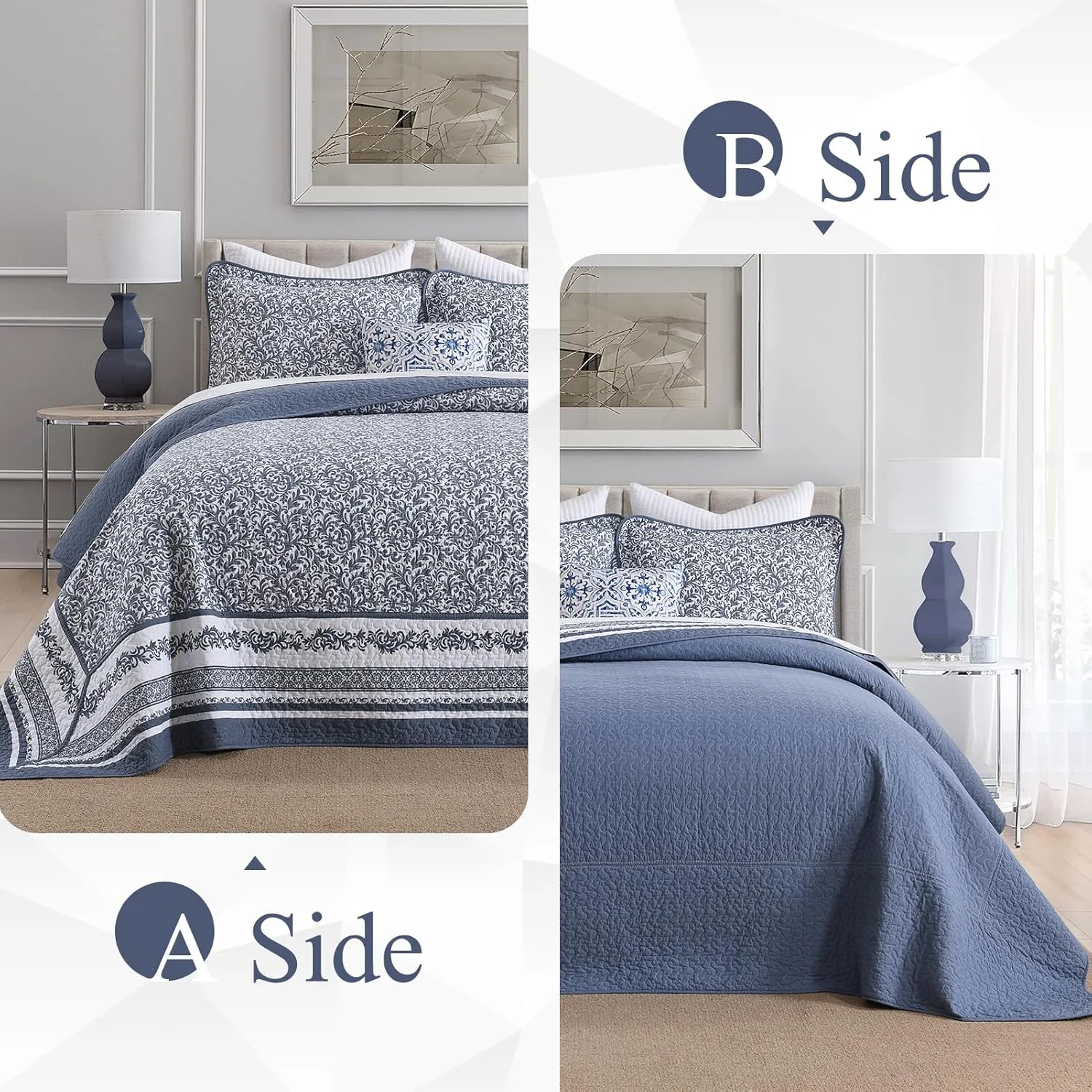 روتختی پنبه‌ای کینگ سایز QuiltMuse، ابعاد 305x305 سانتی‌متر - لحاف کینگ سایز سبک و بزرگ با 2 روبالشتی، رو تختی لحافی طرح گیاهی مزرعه‌ای دو رو، 3 تکه، سفید/آبی