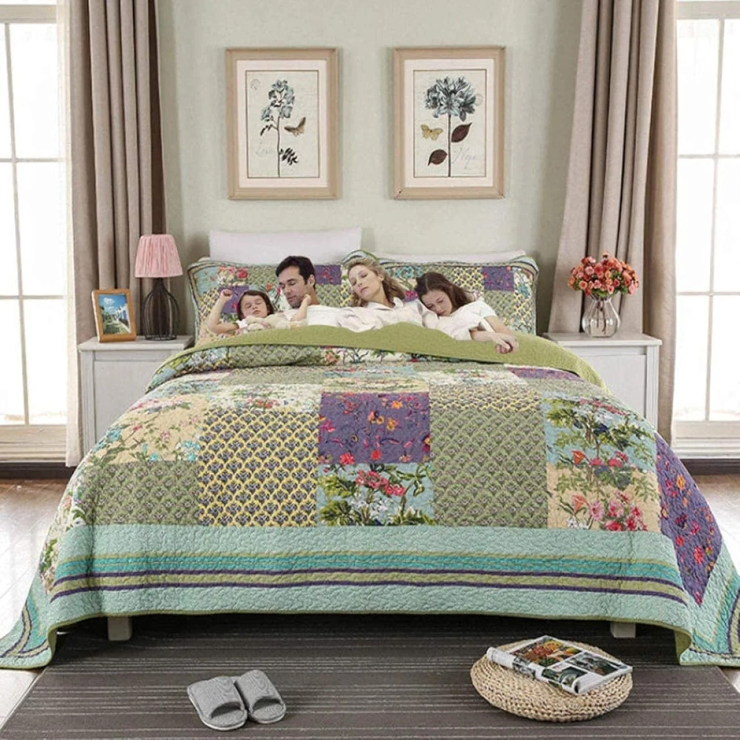 روتختی لحافی سه تکه طرح تکه دوزی، روکش تخت یکدست و ساده، رو تختی دو نفره به همراه روبالشتی